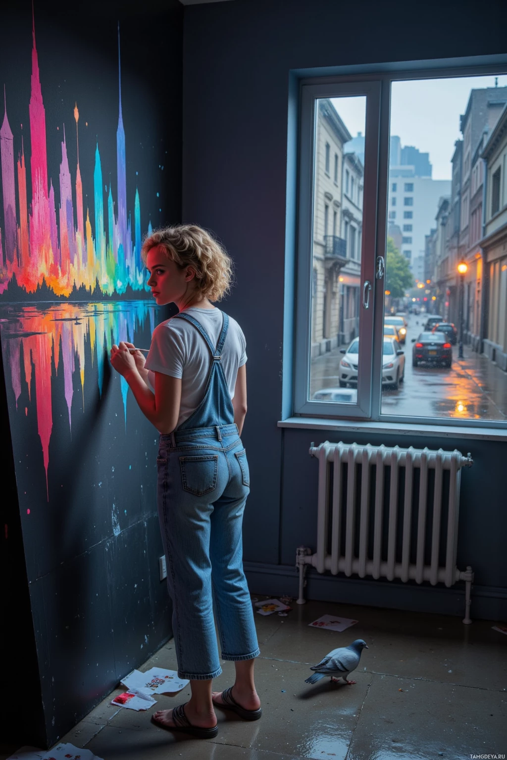 Realistic high quality photo. 26‑year‑old woman with curly blonde hair, blue eyes, wearing a white blouse and light denim overalls, stands in a dimly lit bedroom painting a neon‑colored city skyline mural on the wall while a silver pigeon hops across a wet asphalt alley visible through a window, with rain‑saturated pavement and the faint hiss of a radiator in the background.