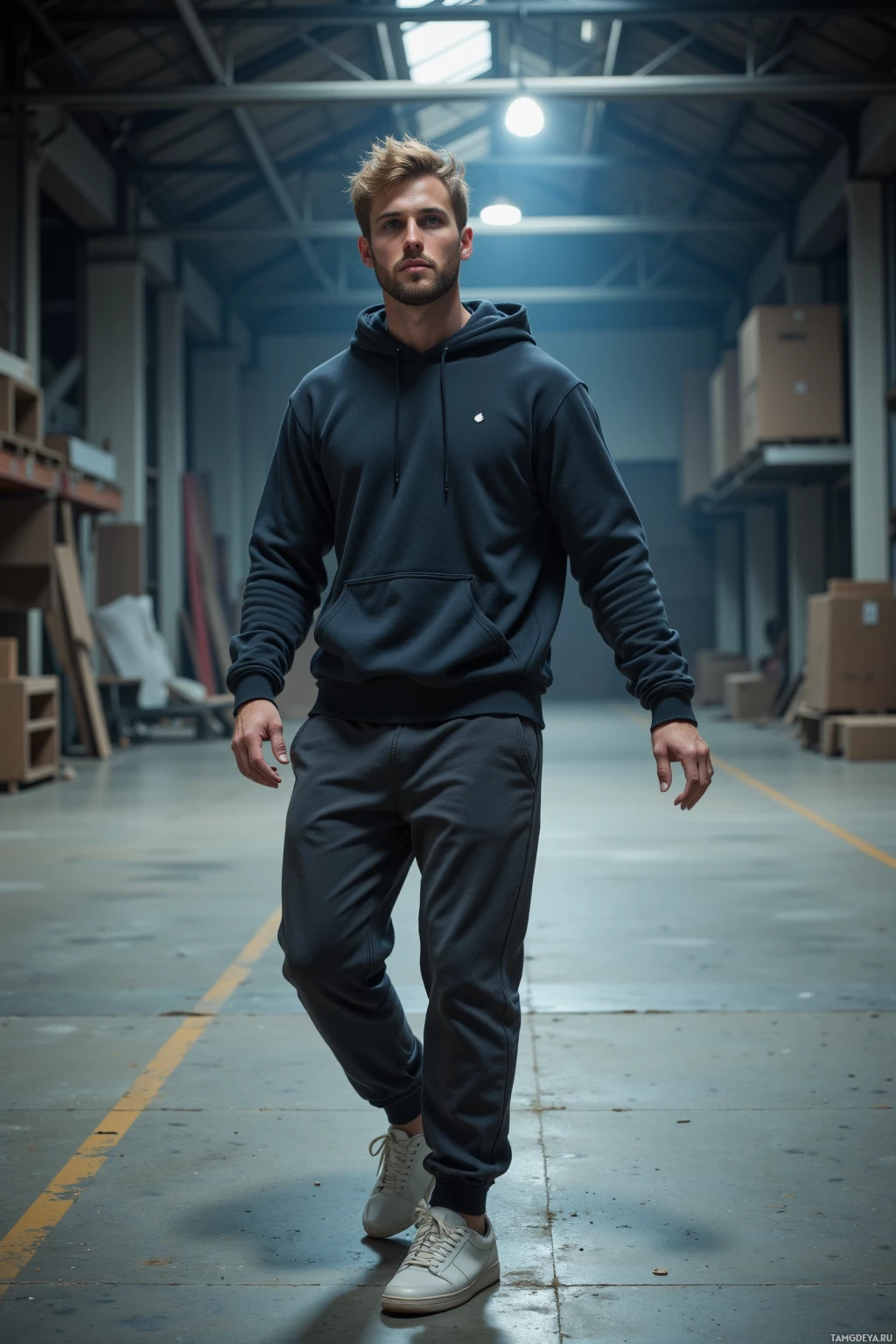 Realistic high quality photo. A 27‑year‑old man with short tousled blonde hair, blue eyes, chiseled jawline and athletic build, wearing a relaxed hoodie, loose joggers and well‑worn sneakers, confidently spinning in a quiet corner of an empty warehouse turned makeshift stage under dim overhead lights, late afternoon.