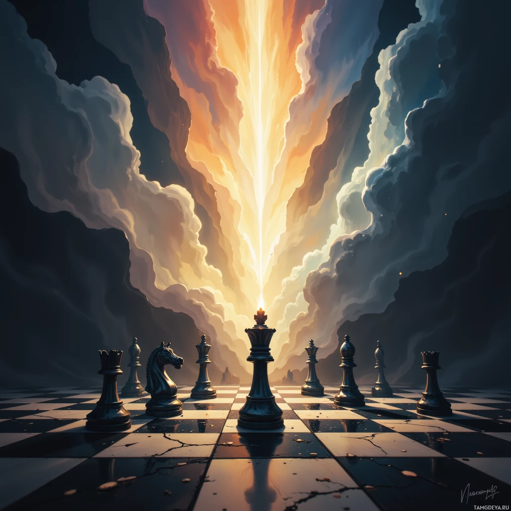 Semi-abstract image with many empty light space at center of beautiful background, that is suitable for the post:  A single candle flickers on a chessboard, each move a silent rebellion against the inevitable.