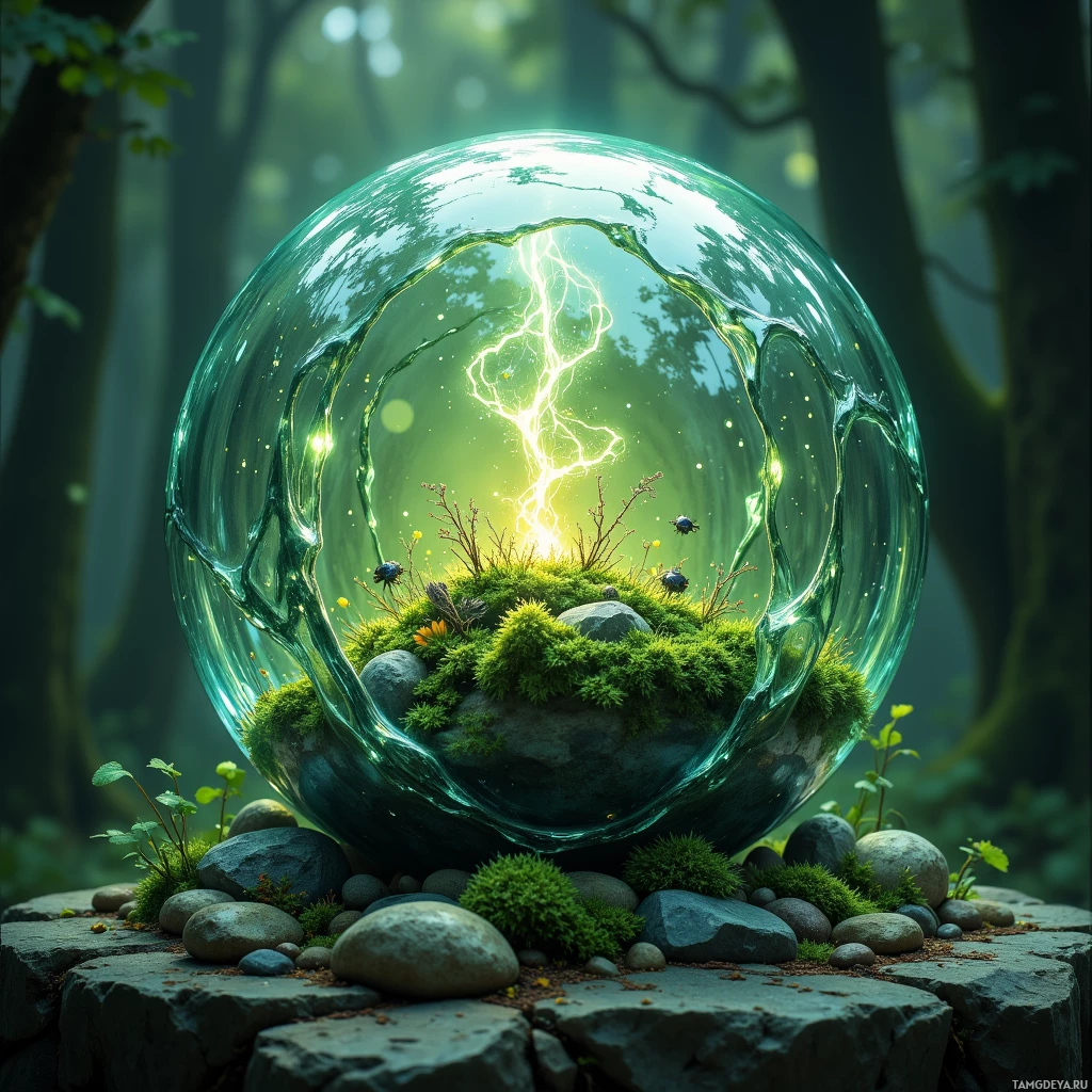 Semi-abstract image with many light, that is suitable for the post:  Translucent crystal sphere, glassy surface rippling like a pond, faint green undertone, interior filled with moss, lichens, and tiny silver insects glowing softly, subtle pulsating glow, delicate crystalline facets, forest green shimmer.