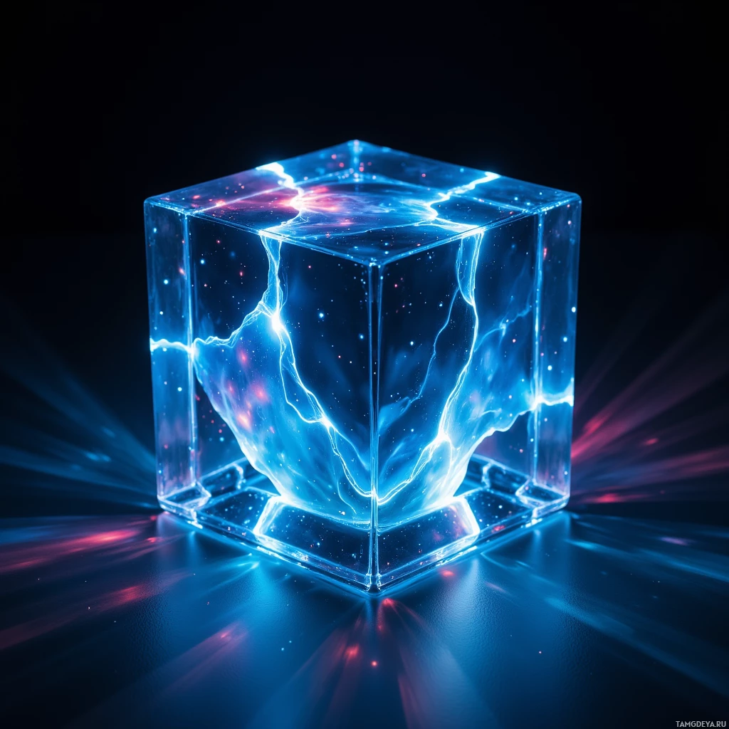 Semi-abstract image with many light, that is suitable for the post:  obsidian glass cube with sleek glossy surface, faint blue glow, interior shifting multicolor lights, liquid-like outer texture, minimalist geometric shape.