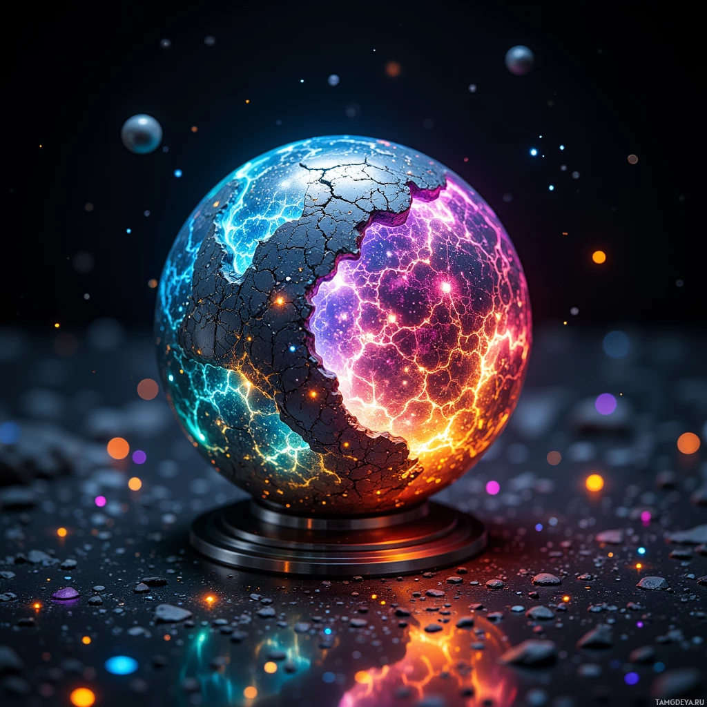 Semi-abstract image with many light, that is suitable for the post:  A tiny kinetic planet on a polished titanium core, rotating with etched fractal patterns that glow in shifting colors, illuminated by a discreet LED array that paints constellations, its metallic surface shimmering as the lights sync to ambient sound.