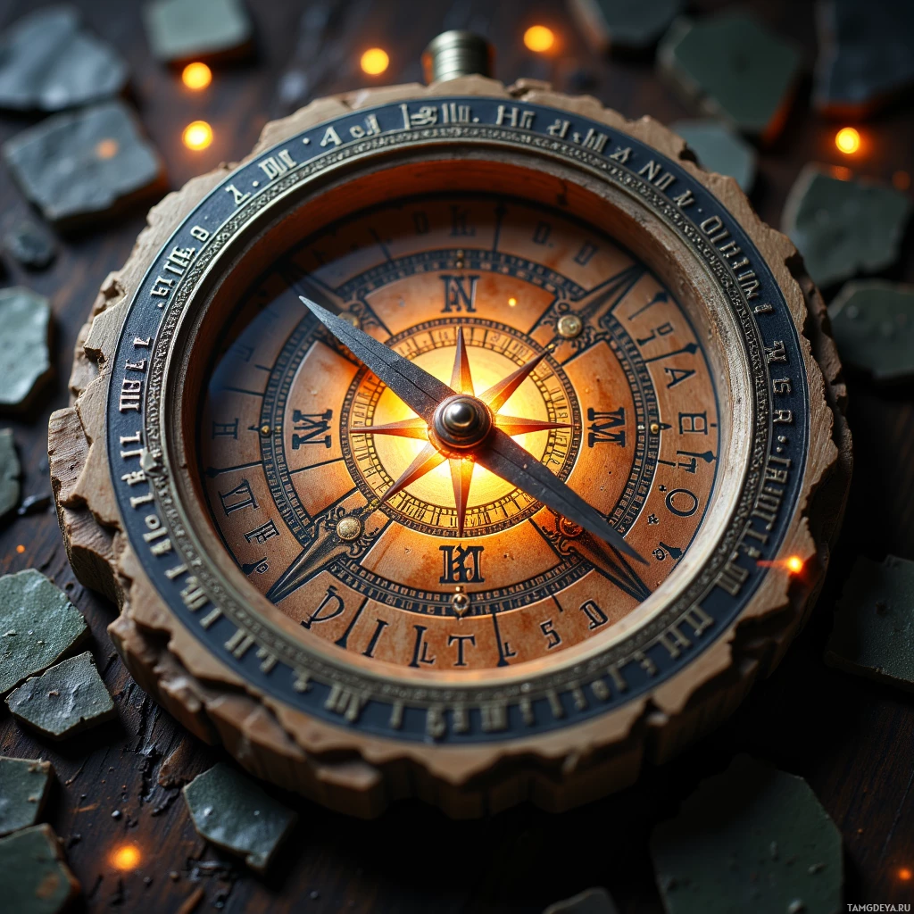 Semi-abstract image with many light, that is suitable for the post:  A moonlit birch heartwood compass with silver-edged brass rim, finely carved wood interior, intricate etched sigils glowing faintly, slender silver needle, and ornate luminescent runes.