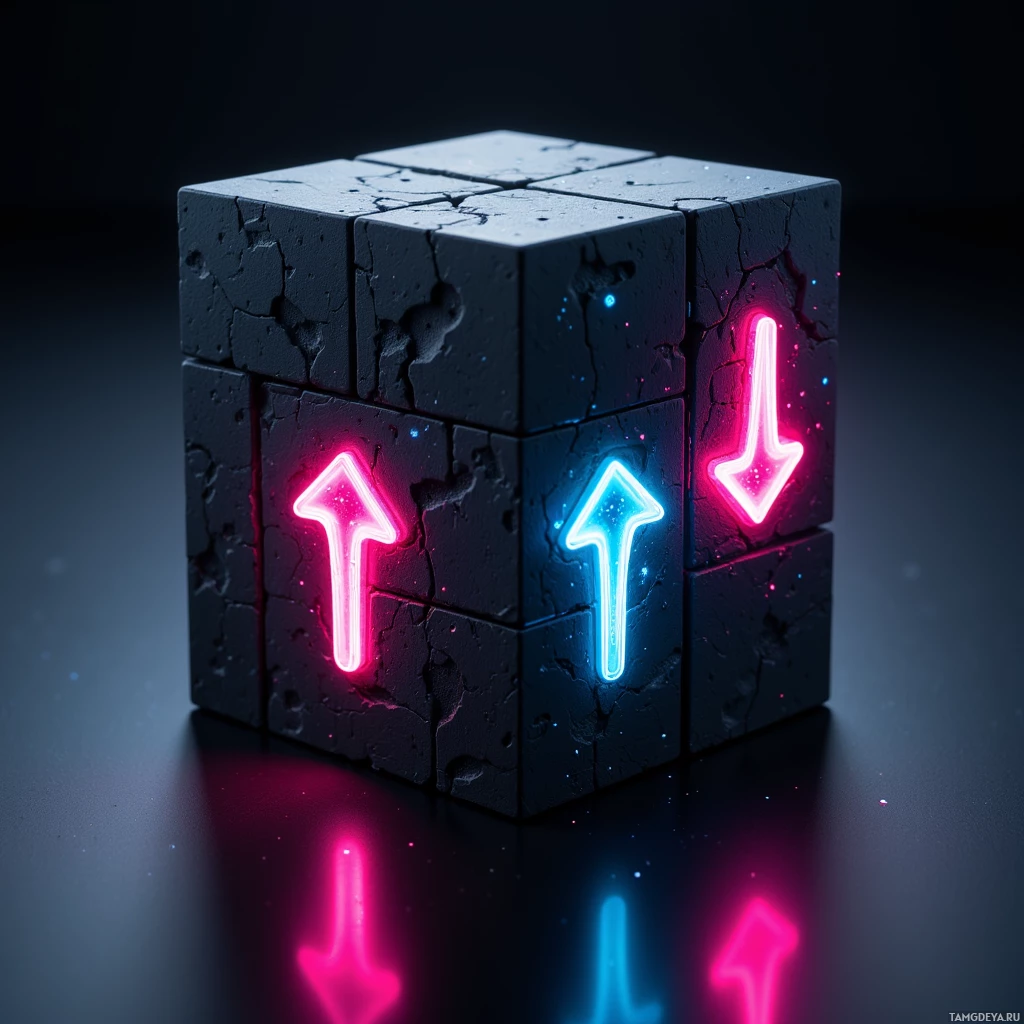 Semi-abstract image with many light, that is suitable for the post:  Matte black cube with a sleek matte surface, its edges unfolding to reveal a holographic debate arena that projects neon arrow lights tracking logical flow, forming a dynamic 3D puzzle interface.