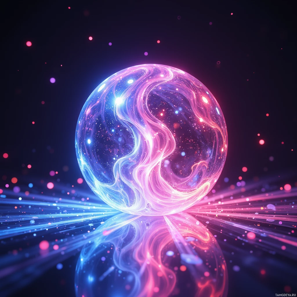 Semi-abstract image with many light, that is suitable for the post:  translucent crystal sphere with liquid‑glass rippling surface, flickering synchronized light pulses in neon hues, micro‑actuators inside adjusting color frequencies, perfectly symmetrical and softly glowing.