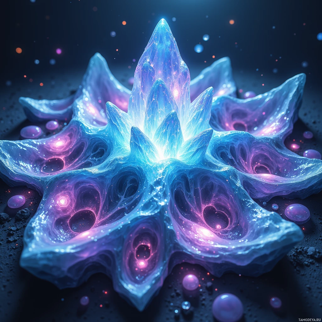 Semi-abstract image with many light, that is suitable for the post:  Translucent iridescent nanotech crystal lattice, constantly reshaping with shifting fractal patterns of blue, violet, and silver, illuminated by glowing veins of internal pathways.