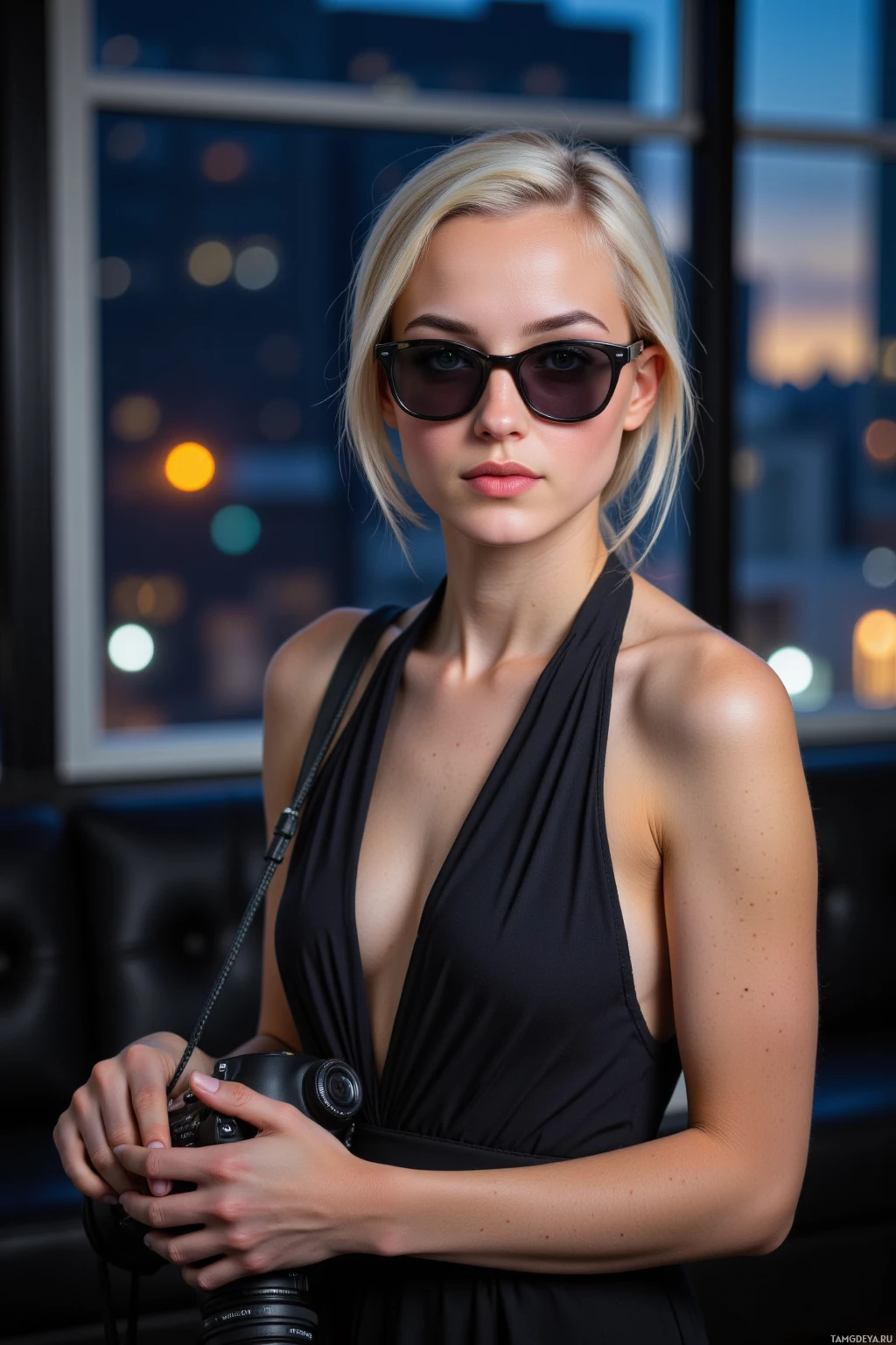 Realistic high quality photo. 27‑year‑old woman with sleek silvery hair, bright blue eyes, fair skin, high cheekbones, wearing a trendy elegant dress and reflective sunglasses, stands in a softly lit editing suite holding a camera in her bag, looking slightly off‑center at the light behind her eyelids, with a window revealing city lights at night behind her.