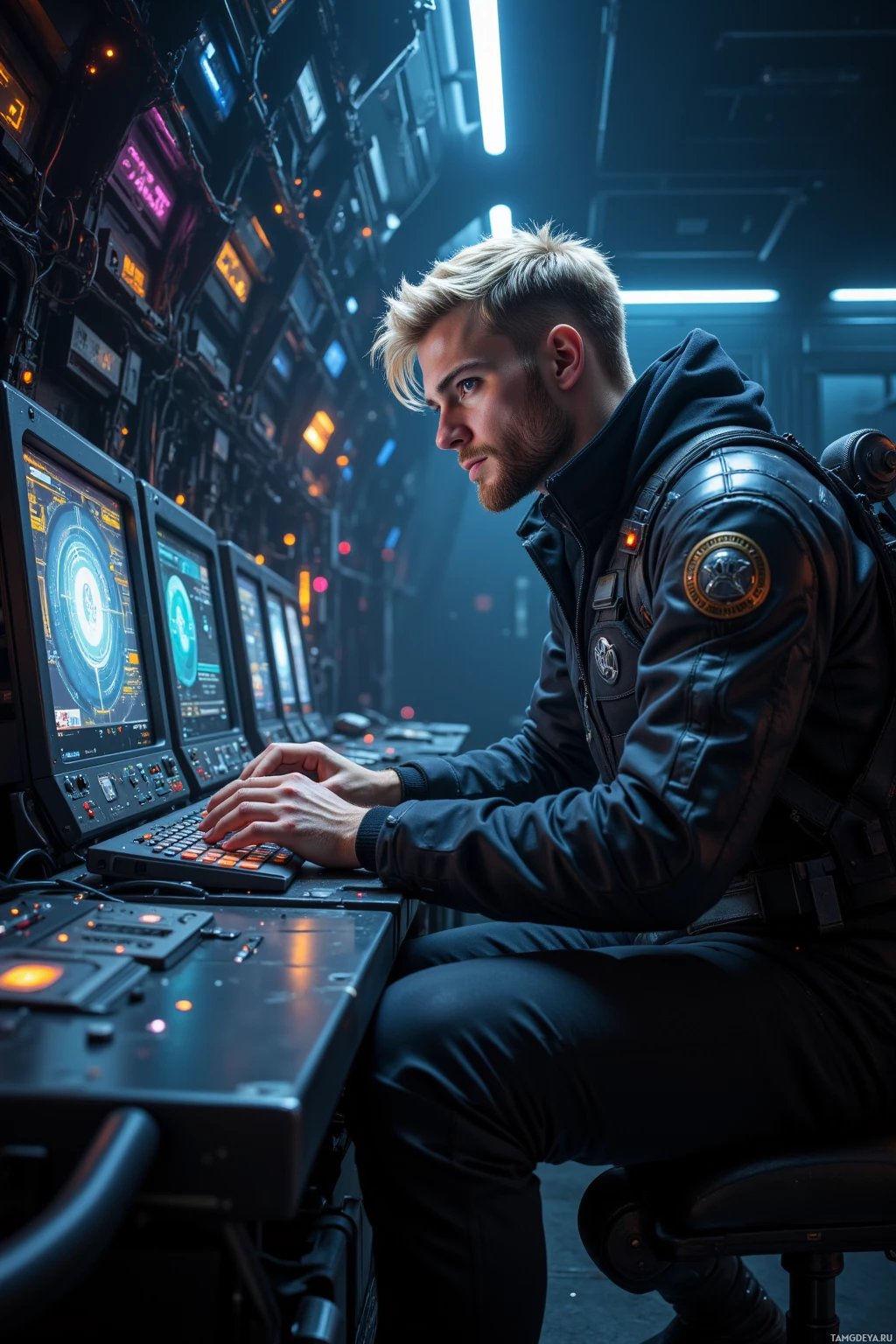 Realistic high quality photo. Male engineer, 28, short blonde hair, piercing blue eyes, wearing a black tactical jacket with metallic accents, dark pants, and sturdy boots, methodically typing code on a flickering high‑tech console in a dim data hub, his face showing a cryptic grin and wink toward a hovering firewall interface, surrounded by swirling digital threads and a rhythmic glow.