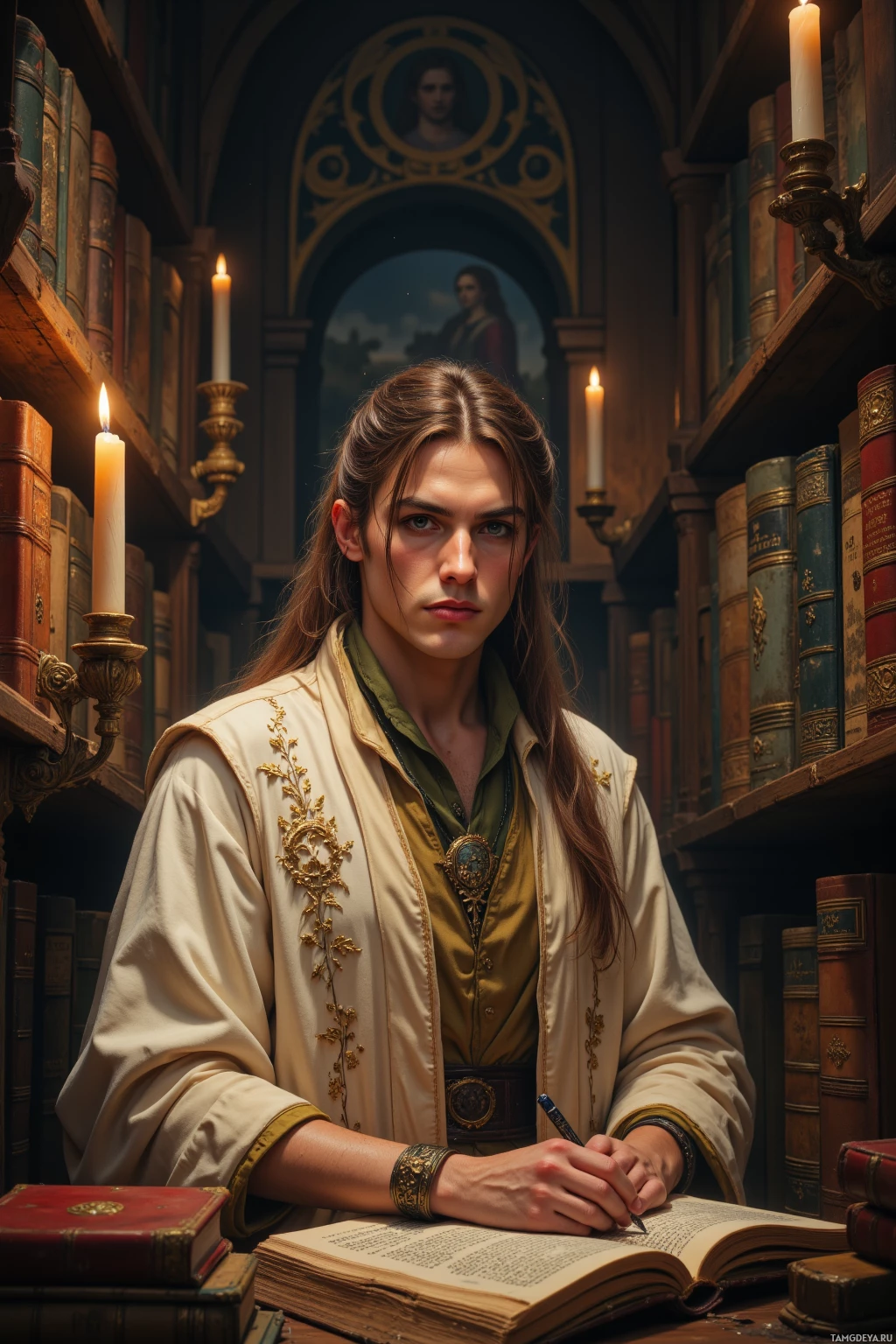 Realistic high quality photo. A 35‑year‑old archivist with long light brown hair tied back, green eyes, cream‑colored robes with pale gold embroidery, stands in a dim night‑time museum archive, dust motes swirling as he leans over a 12th‑century codex and writes a sly comment on a nearby plaque beside a fresco, surrounded by towering stacks of ancient books under flickering candlelight, his expression thoughtful and focused.