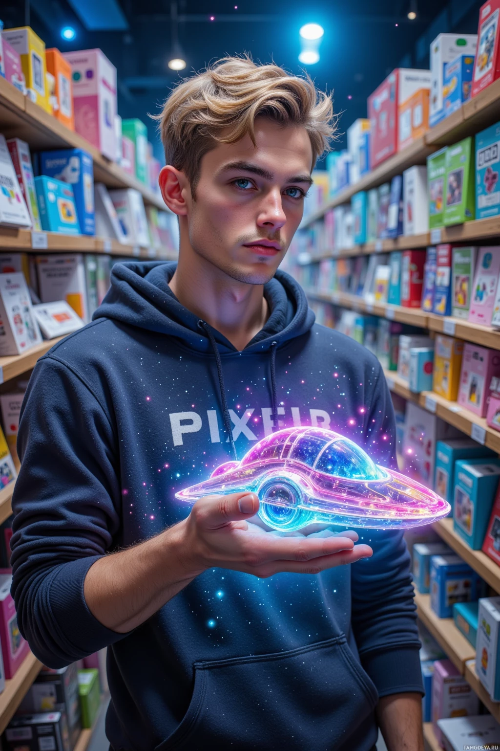 Realistic high quality photo. Male, 28, short blonde curls, bright blue eyes with mischievous glint, wearing a hoodie adorned with pixel icons, standing in an intergalactic marketplace lined with shelves of hyper‑chromatic pixel packs, holding a flickering holographic moustache display that changes mood, while a half‑finished star‑ship sprite missing an engine rests in his hand, surrounded by floating holo‑screens and starry space, late afternoon.