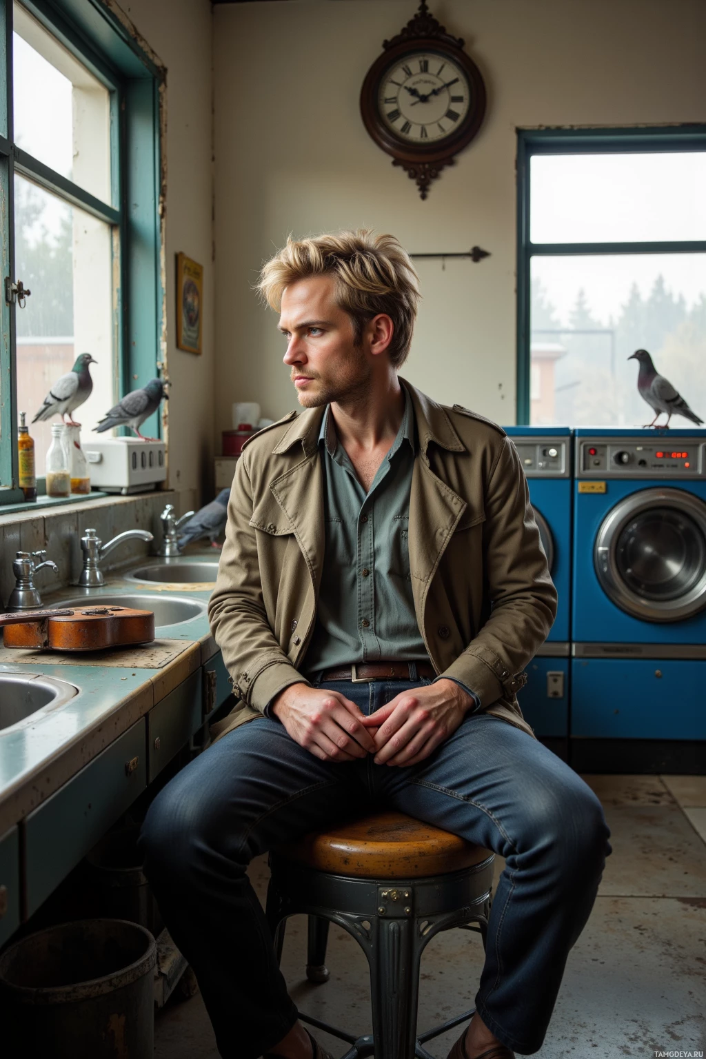 Realistic high quality photo. A 34‑year‑old man with short blonde hair, piercing blue eyes, wearing a faded trench coat over a simple shirt, sits on a plastic stool in a laundromat, watching an old clock wheel spin above the washing machines, a battered acoustic guitar on the counter beside him, while pigeons peck at the window outside in afternoon light.