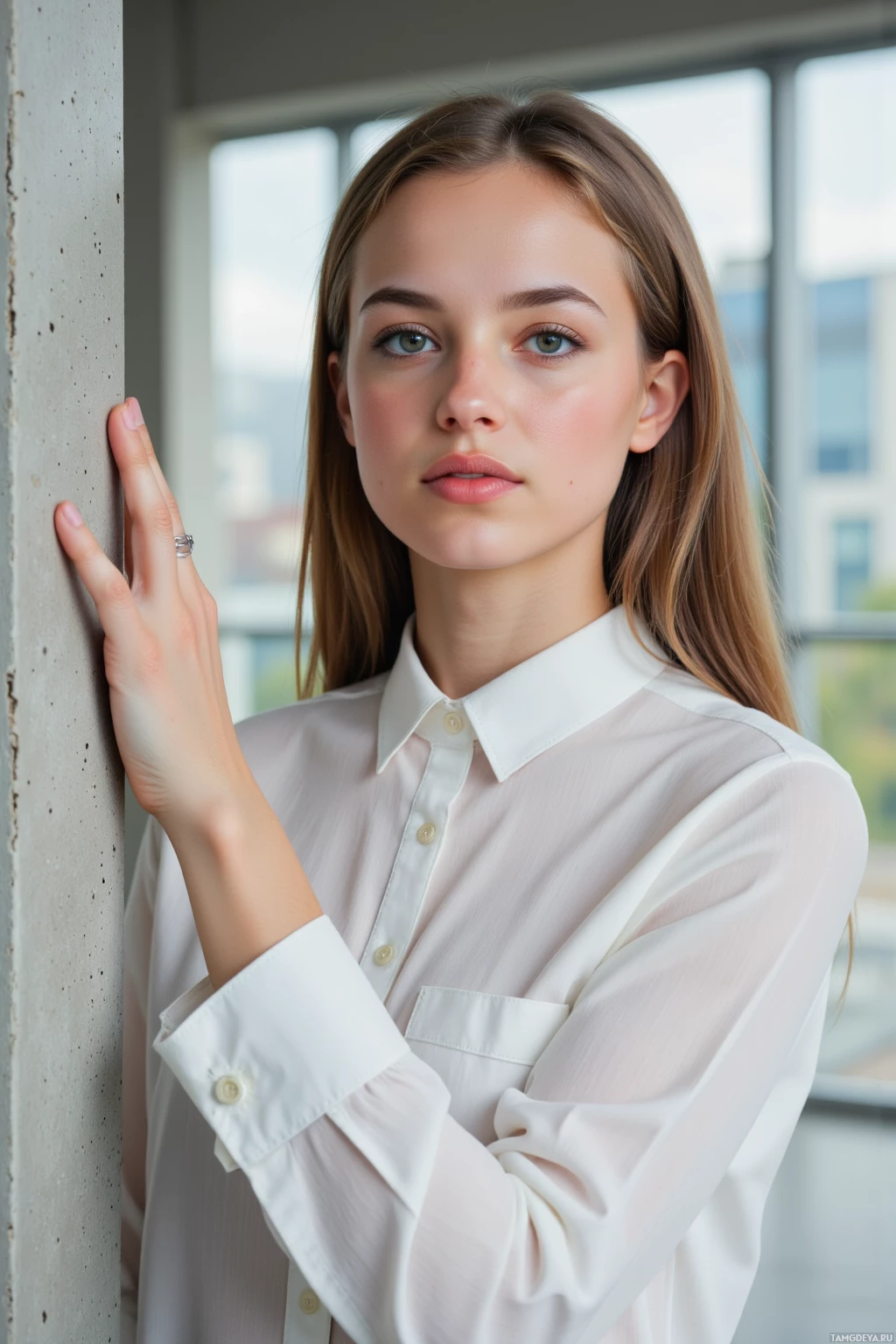 Realistic high quality photo. Female architect, 26, light brown straight hair, grey eyes, tailored white blouse, minimalist silver jewelry, porcelain skin, standing by a concrete column in a modern office with glass walls and concrete floor, soft midday light filtering through glass, she traces the column's curve with her finger, focused and precise.