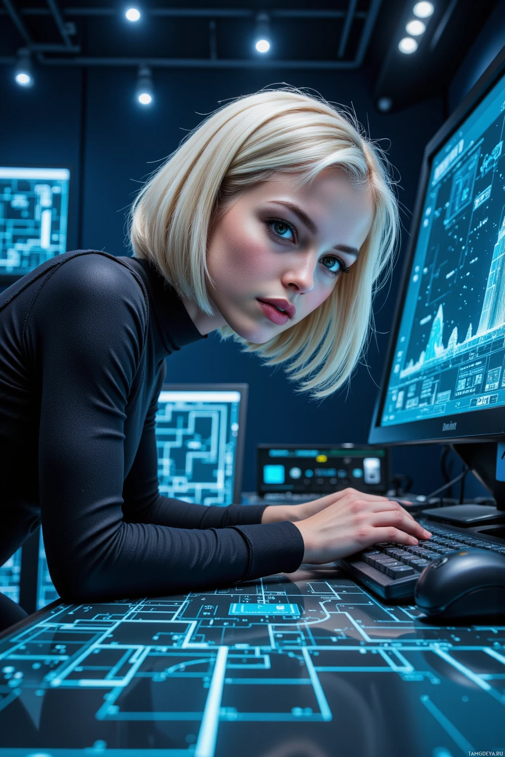 Realistic high quality photo. Female, 28, platinum blonde sharp bob, vivid green eyes, warm skin, wearing a form‑fitting black jumpsuit with reflective panels, hunched over a futuristic workstation at night, monitor glowing with a fractal skyline and retro‑futurist blueprint, surrounded by holographic 3D grid panels and schematic blueprints, illuminated by electric light, depicting a pixelated maze in the background.