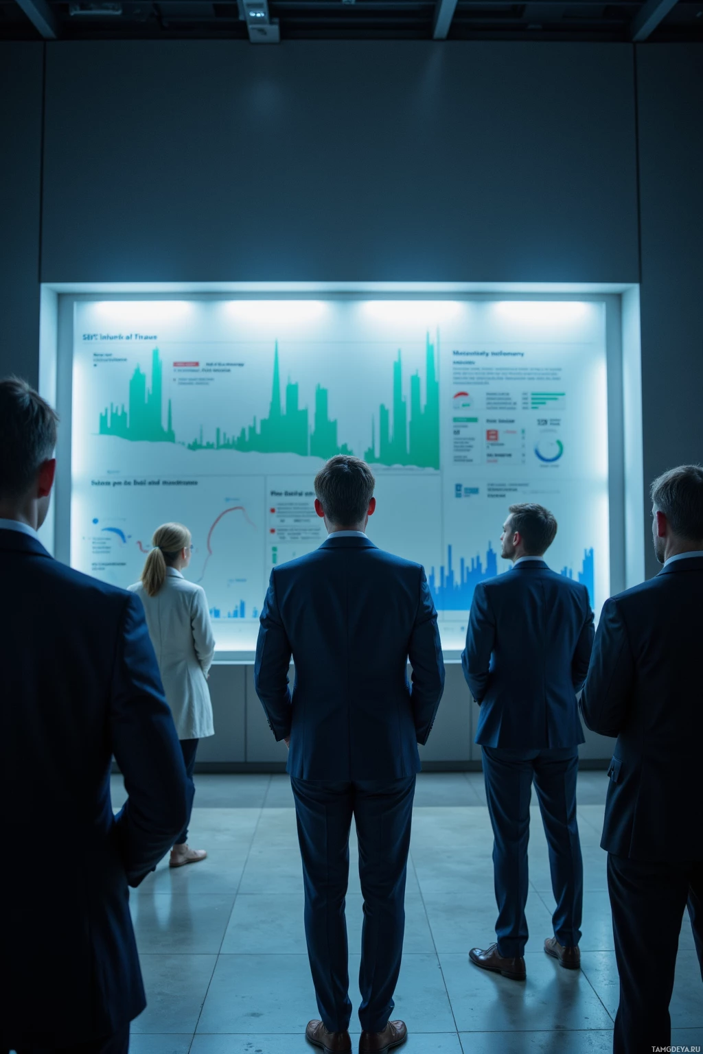 Realistic high quality photo. Tall 35‑year‑old man with neatly styled light brown hair, piercing blue eyes, wearing a tailored suit and tie, stands in a modern executive office before a glowing strategy board illuminated by light and shadow, intent expression, while silent observers watch from the sidelines.