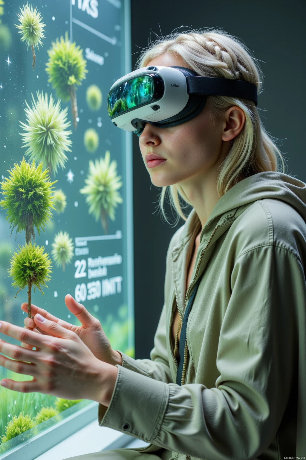 Realistic high quality photo. Female ecologist, 27, white braided hair, green eyes, fair skin, layered earth‑toned fabrics and pale green cloak, sits in a laboratory with flickering light, calibrating a virtual reality canopy of moss spores displayed on a translucent screen, surrounded by scrolling data streams and a soft mossy texture, her posture focused and slightly irritable.