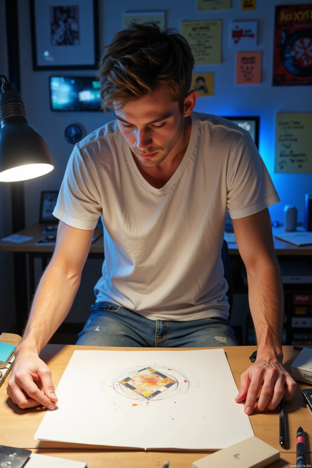 Realistic high quality photo. A male in his thirties with short light brown hair, blue eyes, fair skin, wearing a plain white T‑shirt and faded jeans, intensely debating analog art at a cluttered desk of cardboard, Post‑its, a magnifying glass, a digital sketchpad with a permanent smudge, tape‑bound prototype, and an old eraser, all illuminated by a soft blue LED glow.