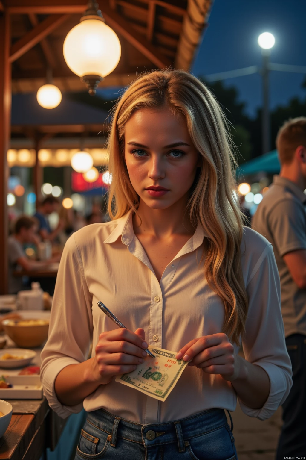 Realistic high quality photo. 29‑year‑old woman with long blonde hair, bright blue eyes, slender build, wearing a flowing light blouse and fitted jeans, tracing a faint imprint on a ten‑dollar bill with ink at a softly lit night market stall under a moonlit sky, her fingers trembling, surrounded by dim lanterns and wooden awnings.