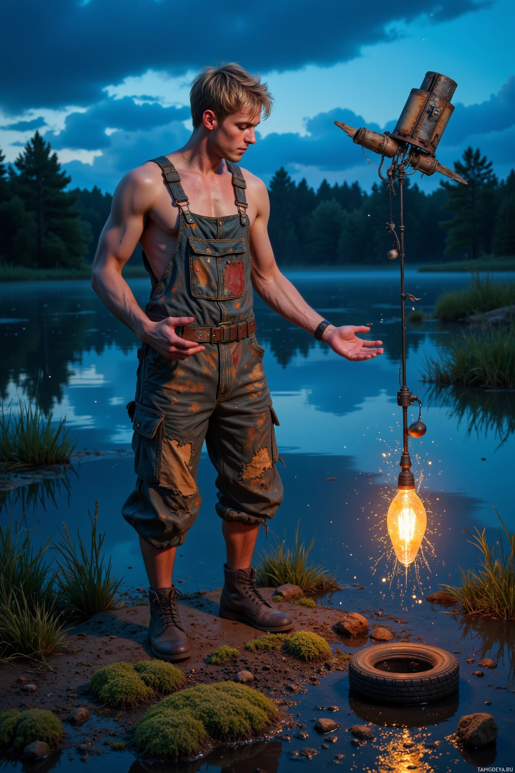 Realistic high quality photo. A 20‑year‑old man with messy blonde hair, bright blue eyes, fair skin, wearing patchy mud‑stained overalls and sturdy boots, tinkers by a glowing swamp edge at dusk, juggling a broken hinge, recycled tires, cardboard tubes, a rusted spoon, and a rubber boot while bioluminescent moss lights the scene and a humming contraption sparks with recycled energy.