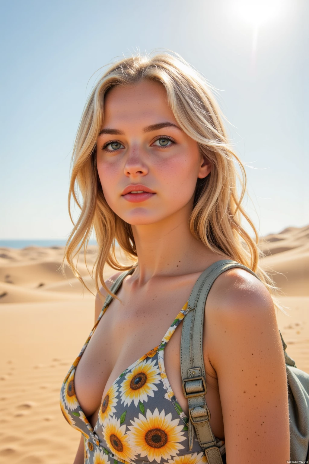 Realistic high quality photo. A 22‑year‑old woman with wavy blonde hair, bright blue eyes, wearing a cheerful sunflower‑patterned dress, holding a light backpack, standing on a golden desert dune under bright midday sun with wind blowing sand across the horizon.