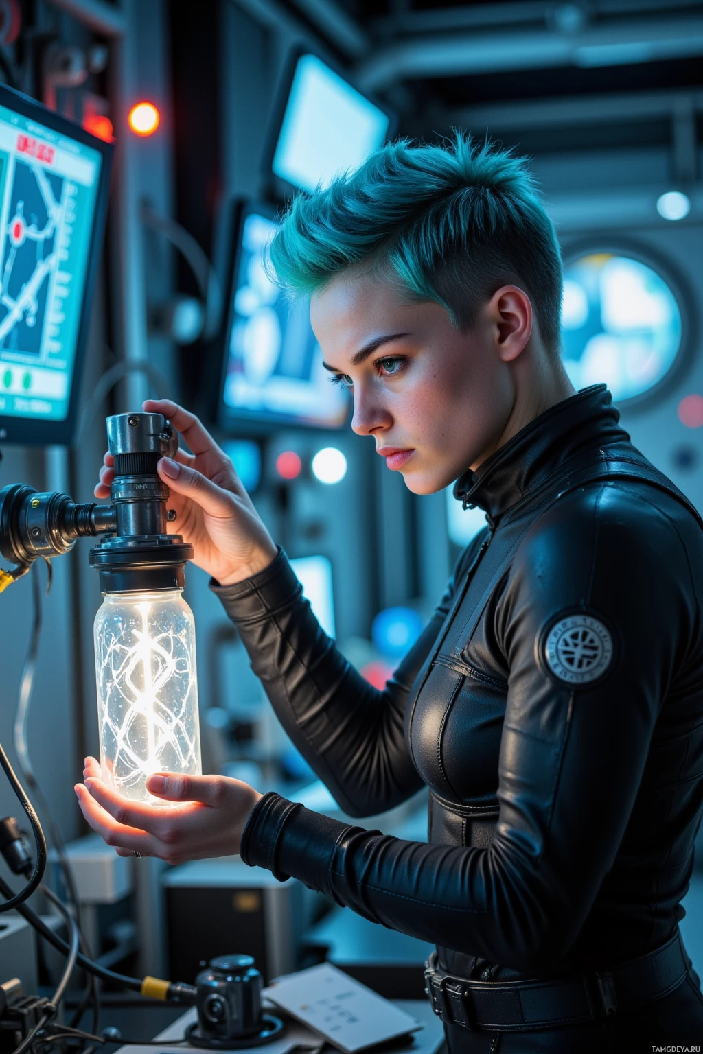 Realistic high quality photo. Female 26, neon blue pompadour hair, bright blue eyes, fair skin, black jumpsuit with metallic accents and utility belt, intensely focused on a quantum flux emitter amid flickering lab lights and tangled circuitry, observing a glitch that reveals a new lattice pattern on holographic readouts as she adjusts parameters in a high‑tech laboratory.