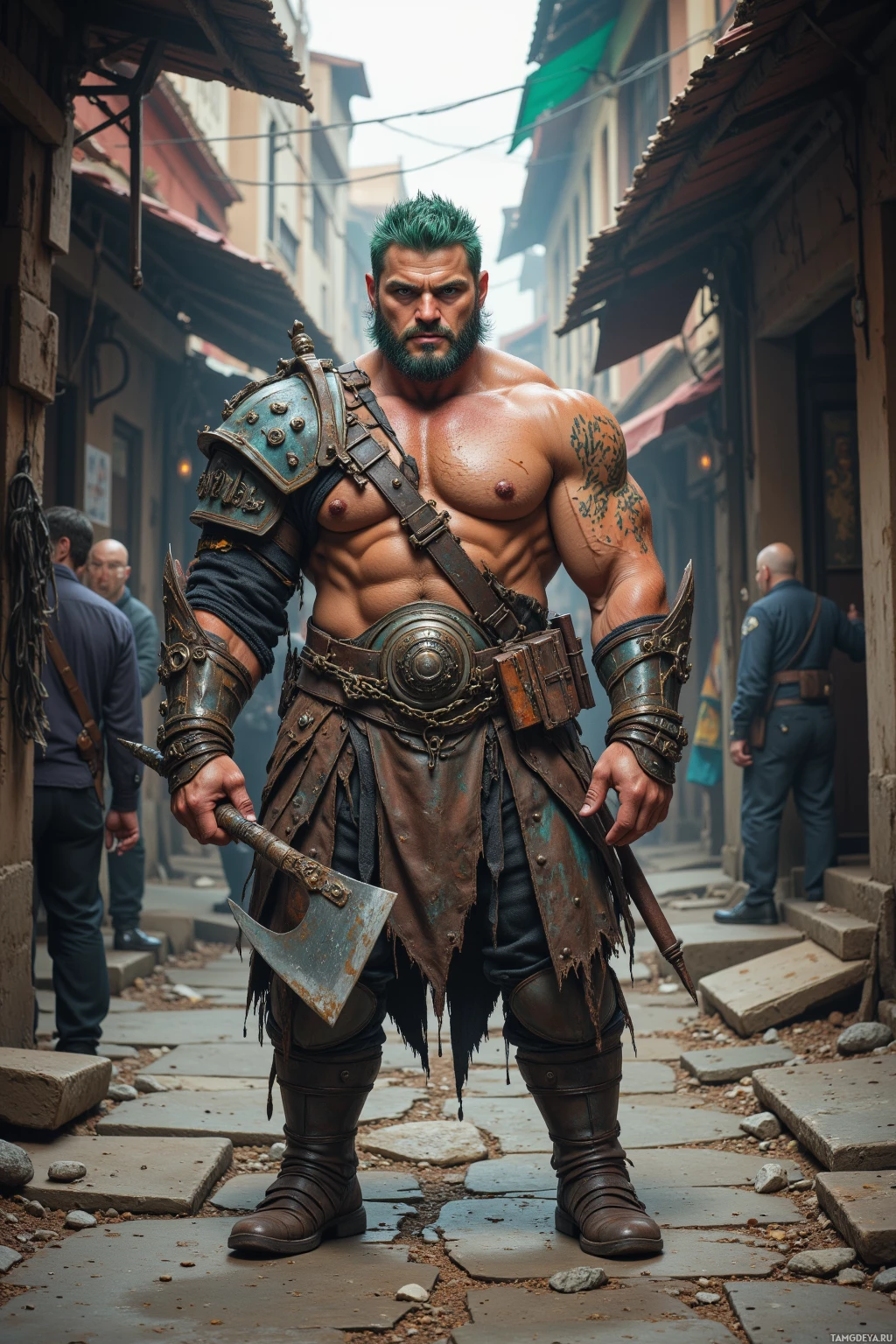 Realistic high quality photo. Large muscular 40‑year‑old man with shaggy green hair, piercing blue eyes, battle‑scarred leather armor with hooks and chains, standing in a crumbling alley market, holding a rusty cleaver, confronting a slick trader amid broken stalls and dusty concrete, the atmosphere tense and gritty.