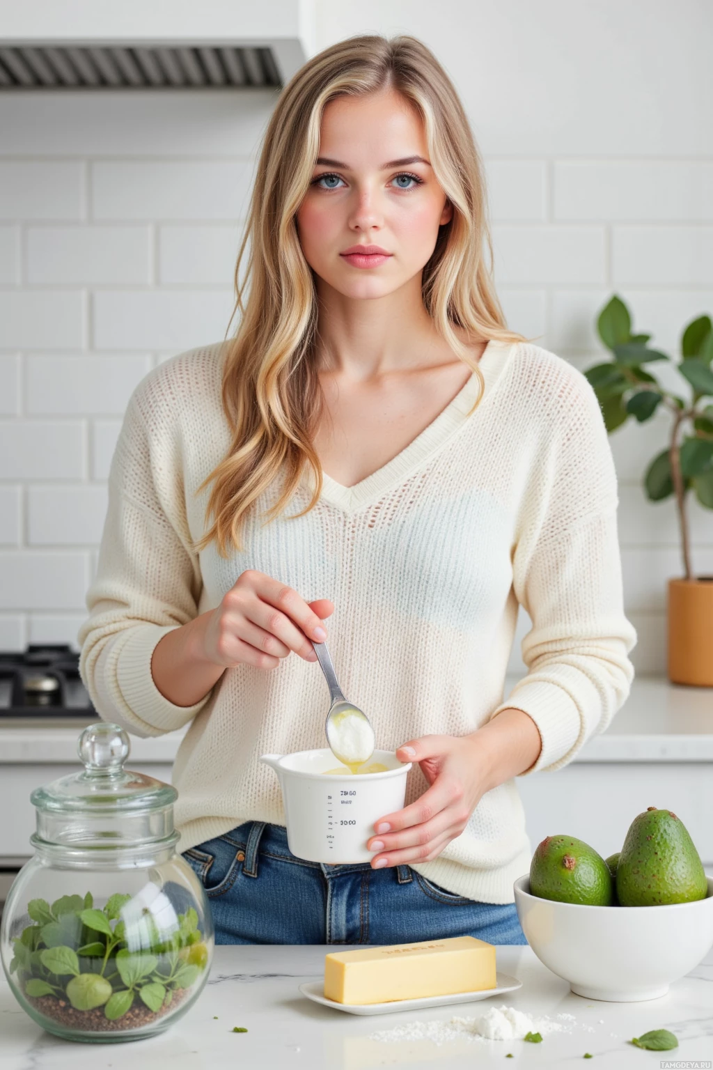 Realistic high quality photo. A 26‑year‑old woman with long wavy blonde hair and bright blue eyes, wearing a soft knit sweater and relaxed‑fit jeans, stands in a bright modern kitchen surrounded by a terrarium of herbs, a measuring cup of flour, a butter tub, a bowl of avocado and mint, carefully adjusting a ratio of olive oil while the scent of fresh produce fills the air, poised for a bake‑off.