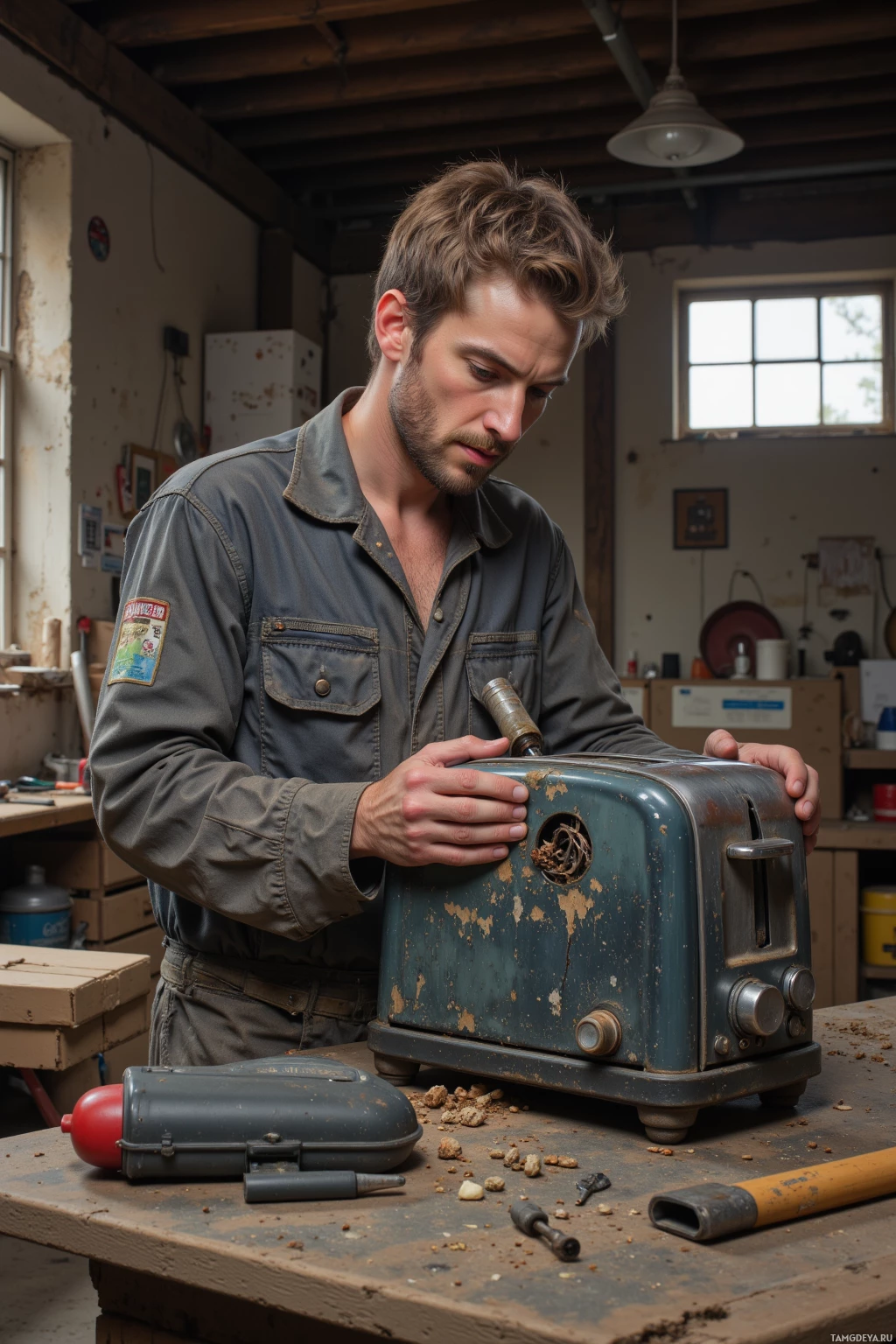Realistic high quality photo. A 37‑year‑old man with short light brown hair, blue eyes, wearing a dusty grey jumpsuit and heavy boots, methodically repairs a humming toaster on a cluttered workbench in a workshop, replacing its burnt heating element with a salvaged part from a lawn mower, his toolbox open beside him, a vacuum‑sealed packaging box on the floor, daylight filtering in.