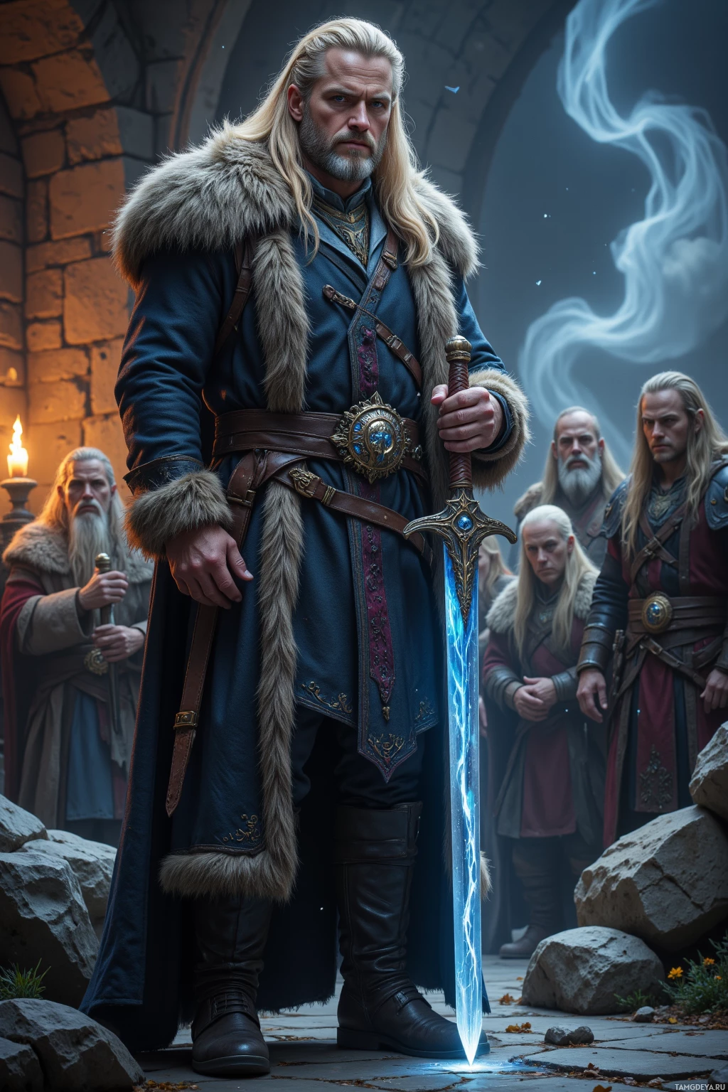 Realistic high quality photo. Tall, imposing 36‑year‑old man with thick golden blonde hair, neatly groomed beard, piercing blue eyes, wearing a formal regal coat and black trousers, leading a council of dwarven outlaws in a stone cavern chamber, polishing a glowing moon‑shard sword while torches flicker in northern twilight.