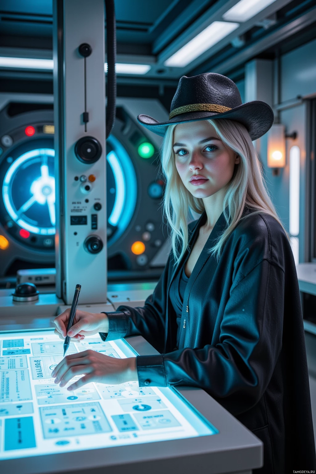 Realistic high quality photo. Female 29, long silver hair, bright blue eyes, high cheekbones, wearing sleek futuristic robes, stands at the edge of a high‑tech laboratory beside a humming quantum coil and a skeletal cowboy hat, sketching protocols on a glowing display that flickers like auroras while cryo‑chambers hum in the background, focused and aloof.