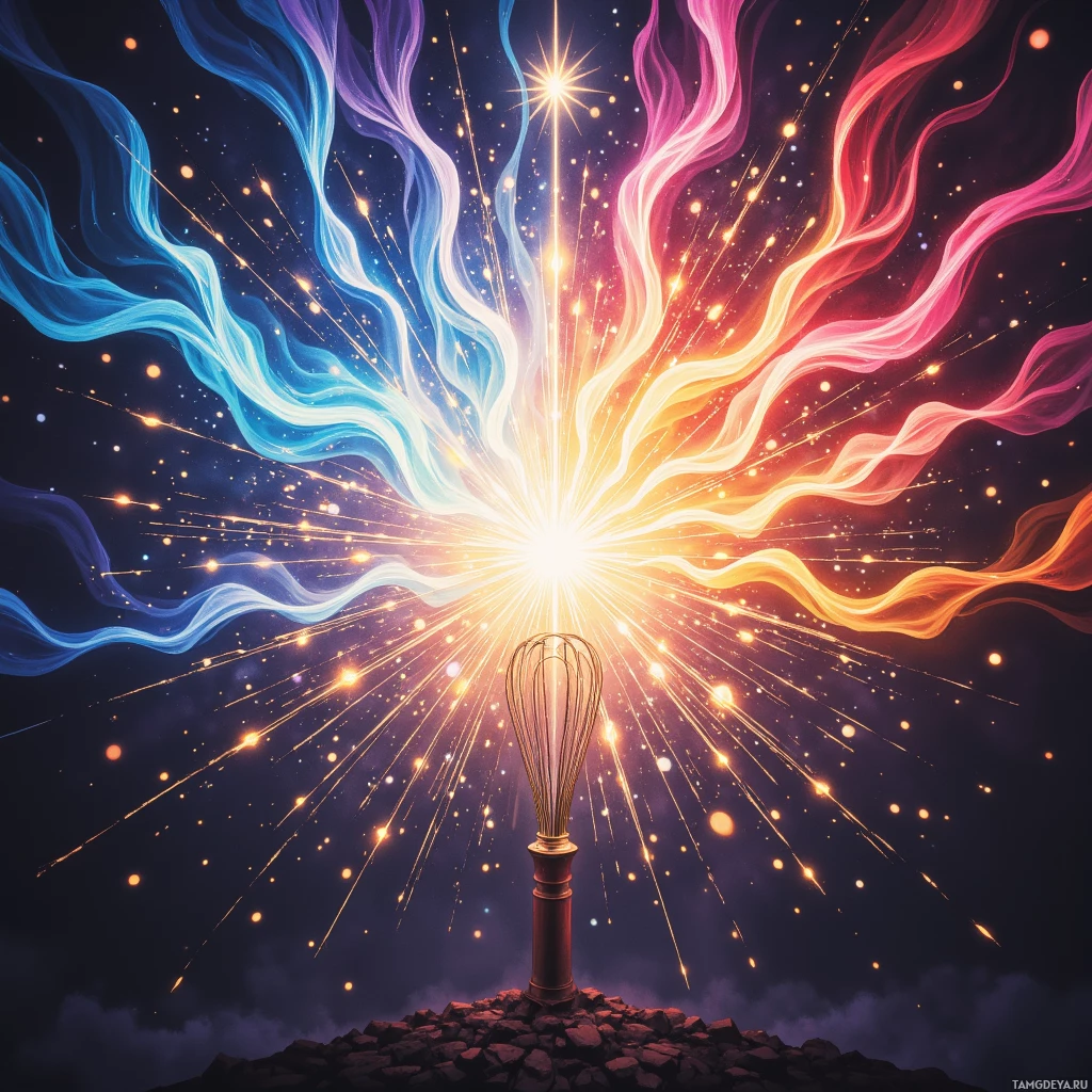 Semi-abstract image with many empty light space at center of beautiful background, that is suitable for the post:  My whisk is a wand that turns ordinary batter into fireworks of flavor, dazzling even the most stubborn critic.