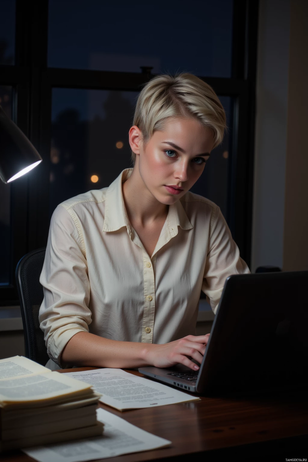 Realistic high quality photo. Nighttime, a woman with short platinum blonde pixie cut and piercing blue eyes, wearing a light-colored blouse and dark-washed jeans, sits at a desk under a single desk lamp, typing on a laptop as the keys clatter, surrounded by stacks of manuscript pages, her focused expression illuminated by the monitor's glow.