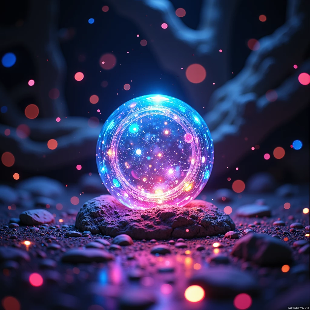 Semi-abstract image with many light, that is suitable for the post:  Tiny translucent recycled glass sphere, with concentric embedded micro‑LEDs that pulse and shift through a spectrum of colors in sync with a heartbeat, casting a soft, shimmering glow.