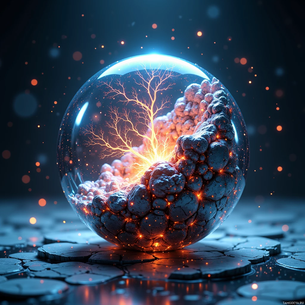 Semi-abstract image with many light, that is suitable for the post:  Translucent sphere with a shimmering liquid metal core that shifts like a living circuit, glowing neural mesh inside displaying millions of miniature synapses firing, surface flickering with encoded data streams, subtle reflective ripples indicating touch responsiveness.