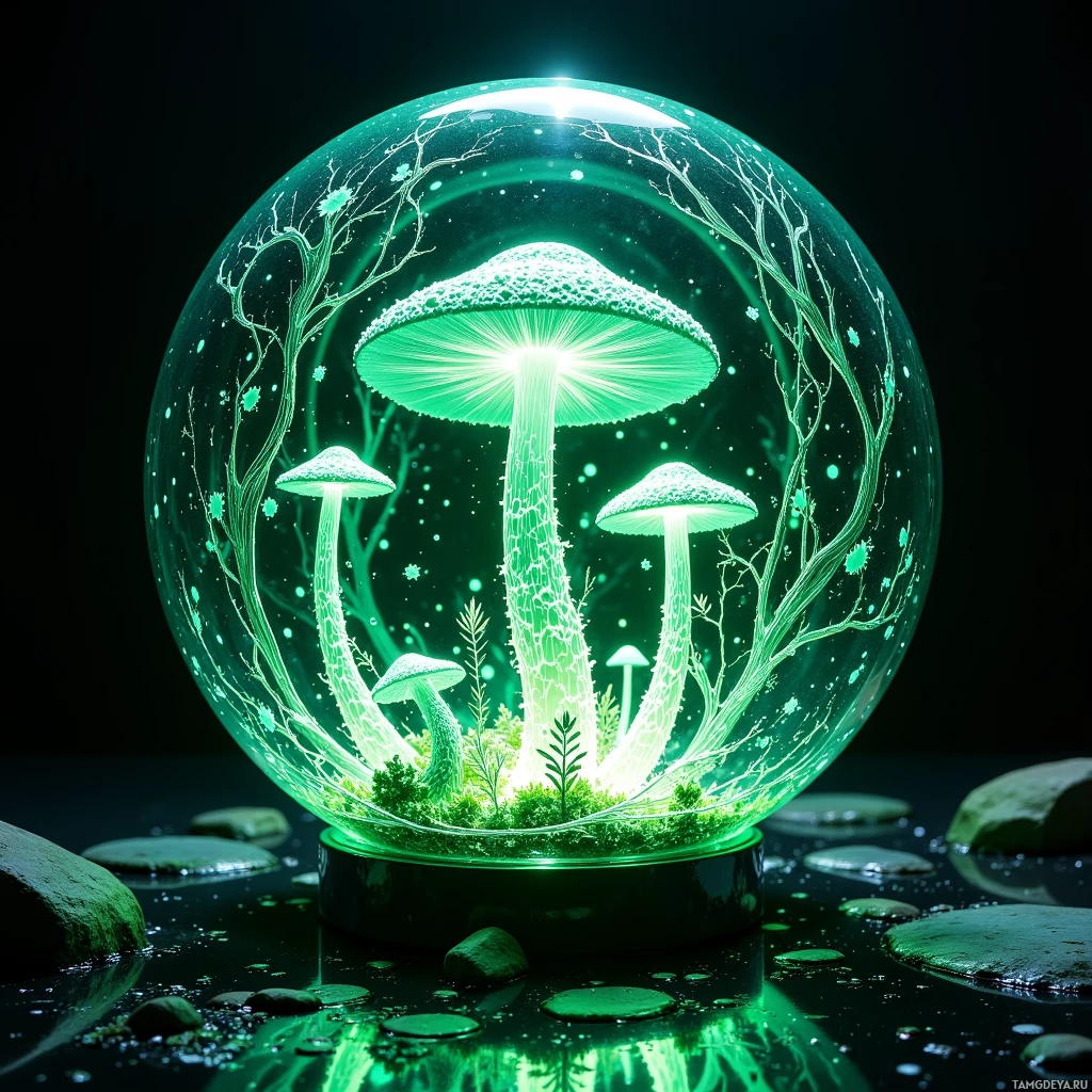 Semi-abstract image with many light, that is suitable for the post:  A sleek glass sphere with subtle etched fungal network patterns on its walls, illuminated by pulsing green LED strips that mimic twilight spores, featuring humidity sensors and a translucent, damp forest floor interior.