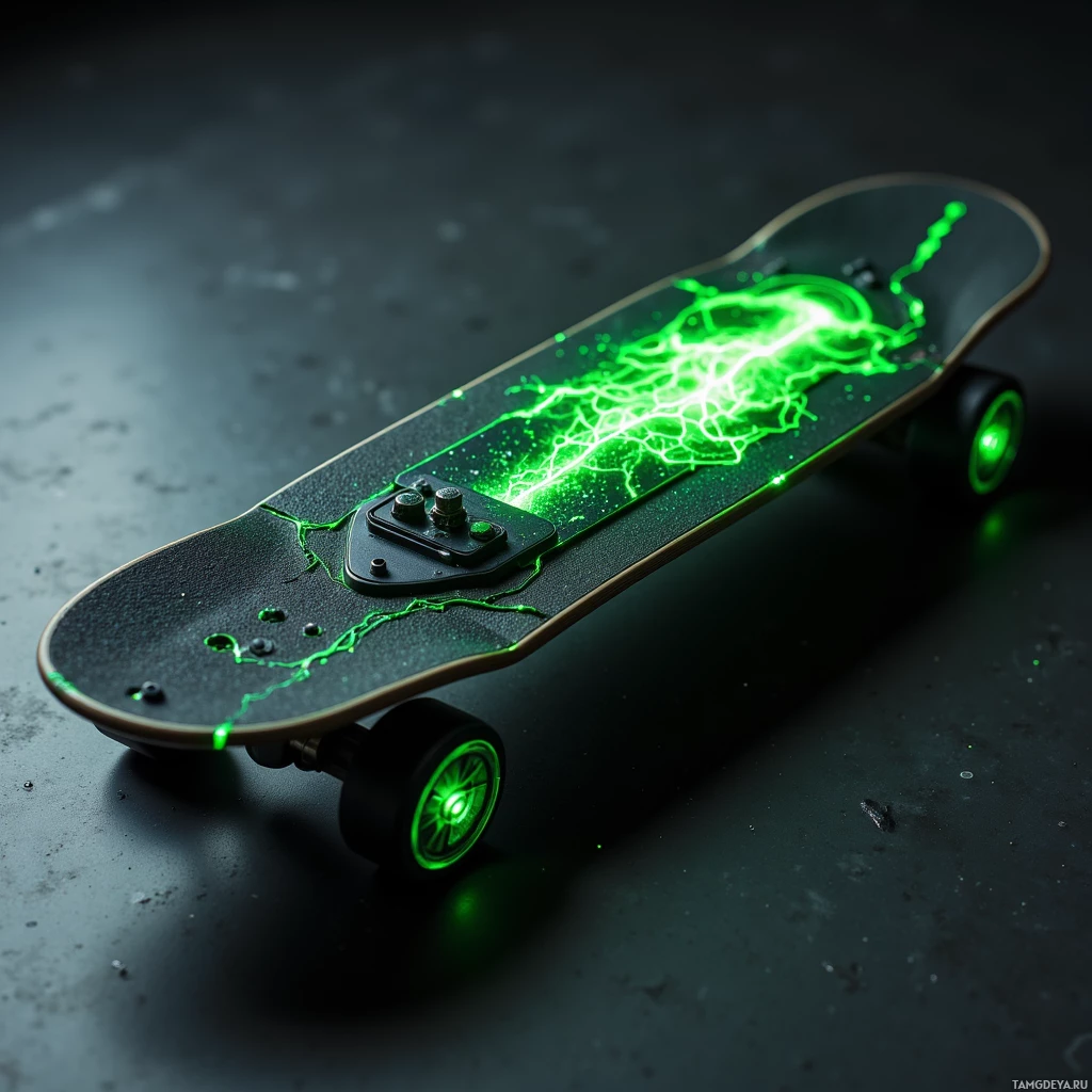Semi-abstract image with many light, that is suitable for the post:  black stealthy prototype electric skateboard with matte black deck and neon green pulsing veins, a tiny glitchy holographic display mounted on the surface, modular battery compartments for solar, turbine or scrap cells, and a rebellious DIY aesthetic.