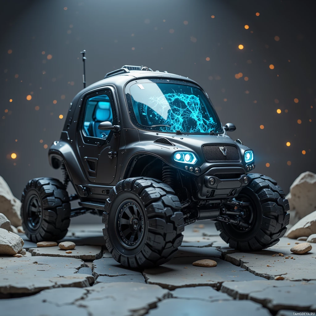 Semi-abstract image with many light, that is suitable for the post:  Hand-built matte black desert crawler with a sleek black frame, fold‑out roof revealing a tiny autonomous cabin, holographic map projected onto its glass windshield, hidden battery bank, integrated wind turbine on the tail, solar panels on the roof, and kinetic energy capture features, all in a rugged futuristic design.