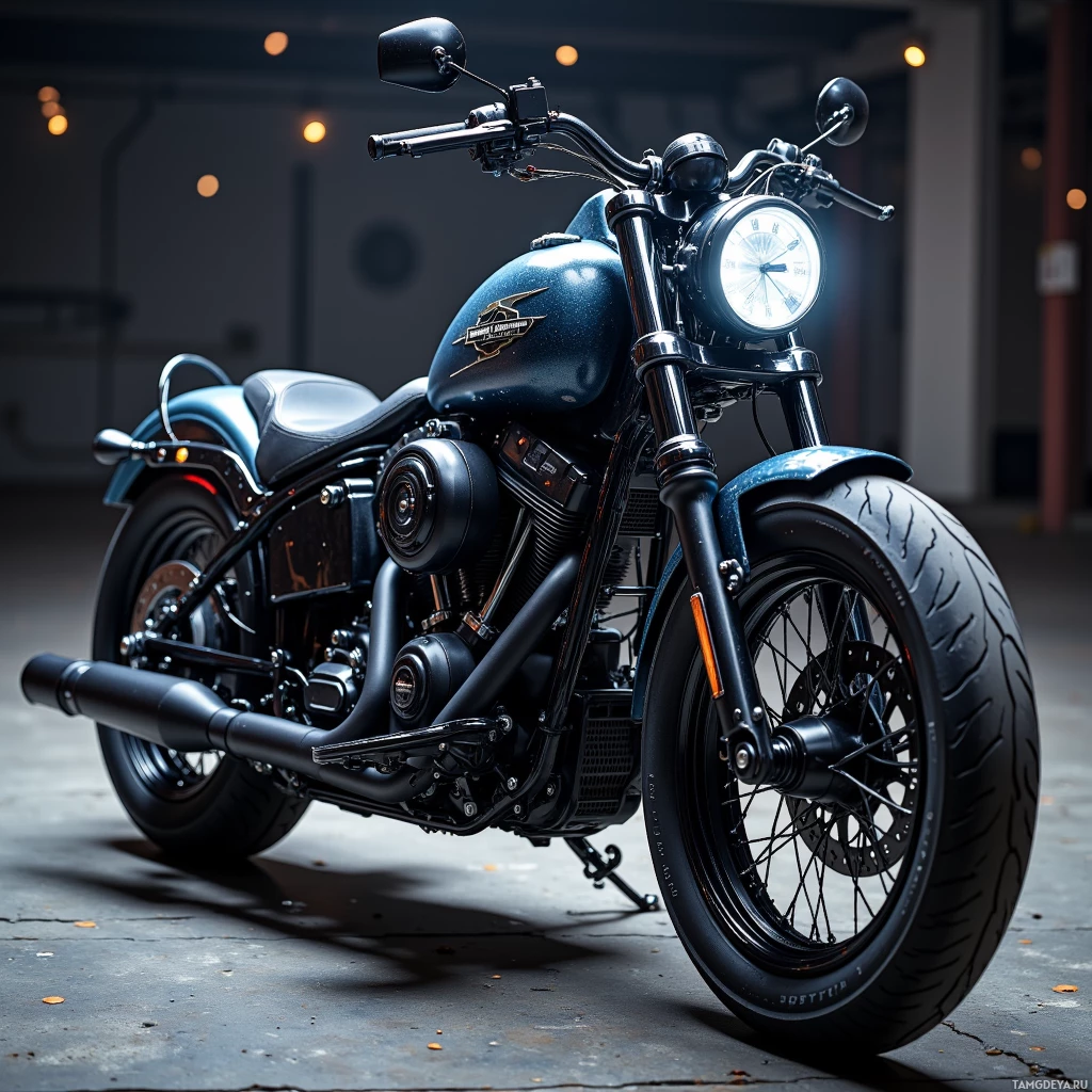 Semi-abstract image with many light, that is suitable for the post:  1970s Harley‑Davidson Softail motorcycle with a carbon‑fiber frame, twin‑spark hybrid engine, midnight matte paint and a single silver lightning‑bolt stripe, matte black chrome accents, hydraulic suspension, AI‑driven ECU, and a sensor‑driven HUD.