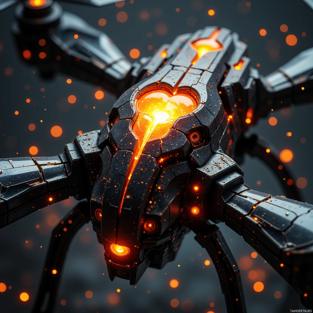 Semi-abstract image with many light, that is suitable for the post:  Black carbon drone with heat‑tough chassis etched in swirling fissures, a tiny glowing amber heart core pulsing like an ember, titanium cartridge for magma, metallic black body with luminous amber glow.