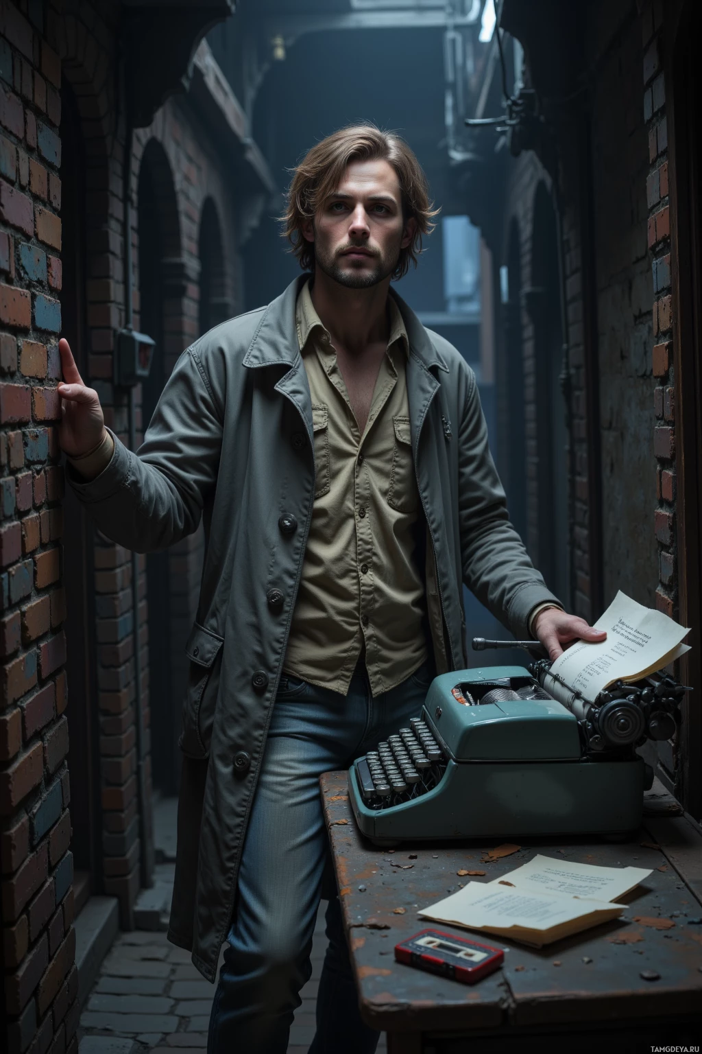 Realistic high quality photo. male, 31, with tousled light brown hair, green eyes, wearing a loose grey coat over layered beige shirts and pale jeans, standing in a dim nighttime alley with cracked brick walls and swirling mist, holding a scrap of paper to the wall while a forgotten typewriter on a battered table emits a faint hiss, a cassette tape lies in a dusty corner beside the typewriter.