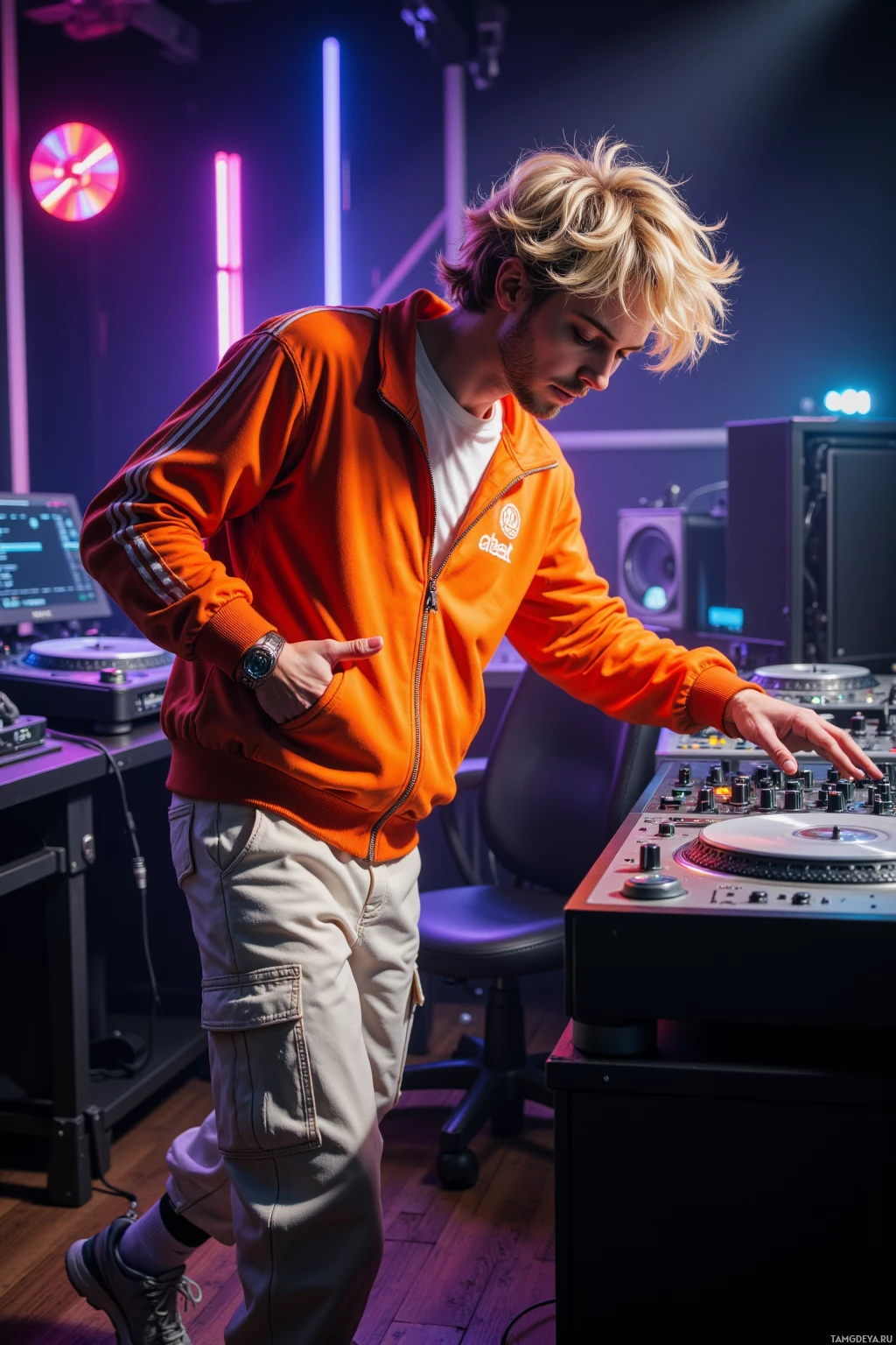 Realistic high quality photo. A 25‑year‑old man with messy blonde hair, green eyes, bright orange track jacket, loose white cargo pants, chunky sneakers, mismatched socks, standing in a dark studio at 3 a.m. with flickering strobe lights, surrounded by turntables, an audio interface, LED strips, passionately manipulating a mixer to produce chaotic layered beats.