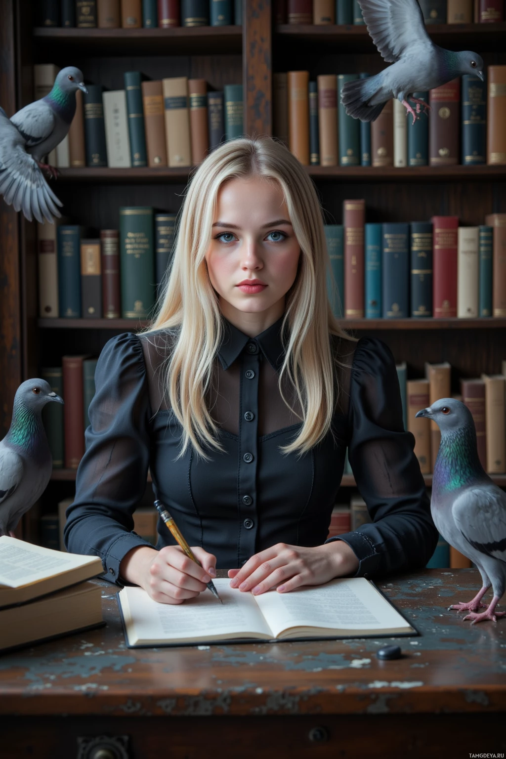 Realistic high quality photo. Female, 33, ash‑blonde straight hair, pale skin, indigo eyes, sharp angular features, wearing a dark gothic dress, sits at a dusty study desk inside an old library, pen in hand with ink dripping onto a blank page, surrounded by pigeons forming a silent choir, twilight shadows enveloping the room.