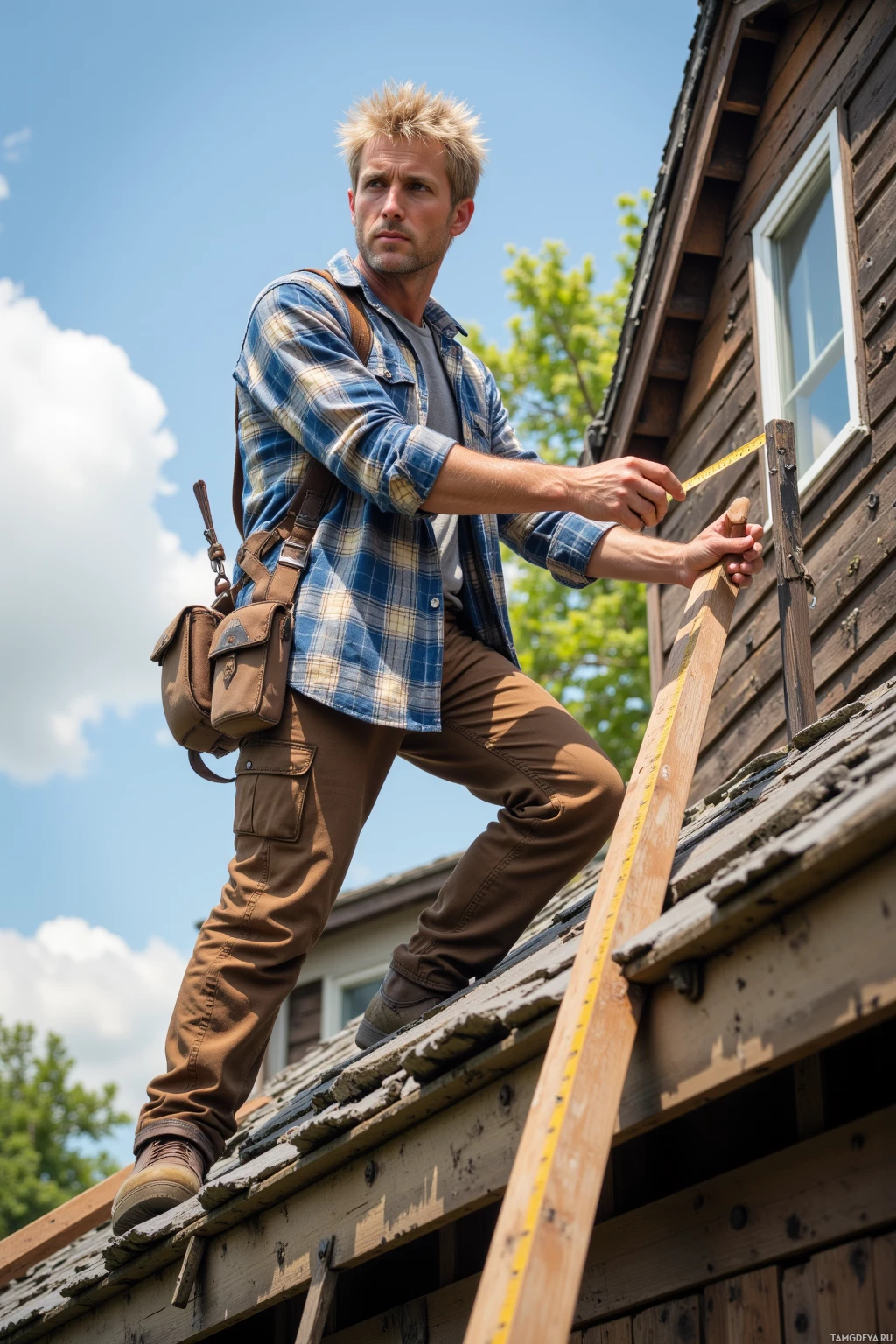 Realistic high quality photo. 38-year-old man with short sandy blonde hair, rugged features, clear blue eyes, wearing a plaid shirt and sturdy pants, standing on the slanted roof of an old house, measuring the angle with a tape measure under bright mid‑morning sunlight.