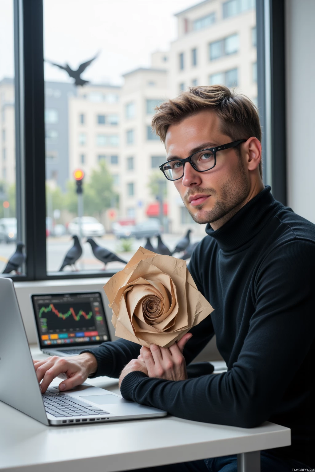 Realistic high quality photo. Male, 34, light brown hair, blue eyes, thin‑rimmed glasses, wearing a fitted black turtleneck sweater, seated at a modern office desk in an afternoon, holding a folded origami revealing a Fibonacci spiral, laptop screen displaying a spreadsheet with aligned lines, outside the window traffic lights form a subtle lattice and pigeons perch in evenly spaced patterns, calm focused expression, minimalistic interior decor.