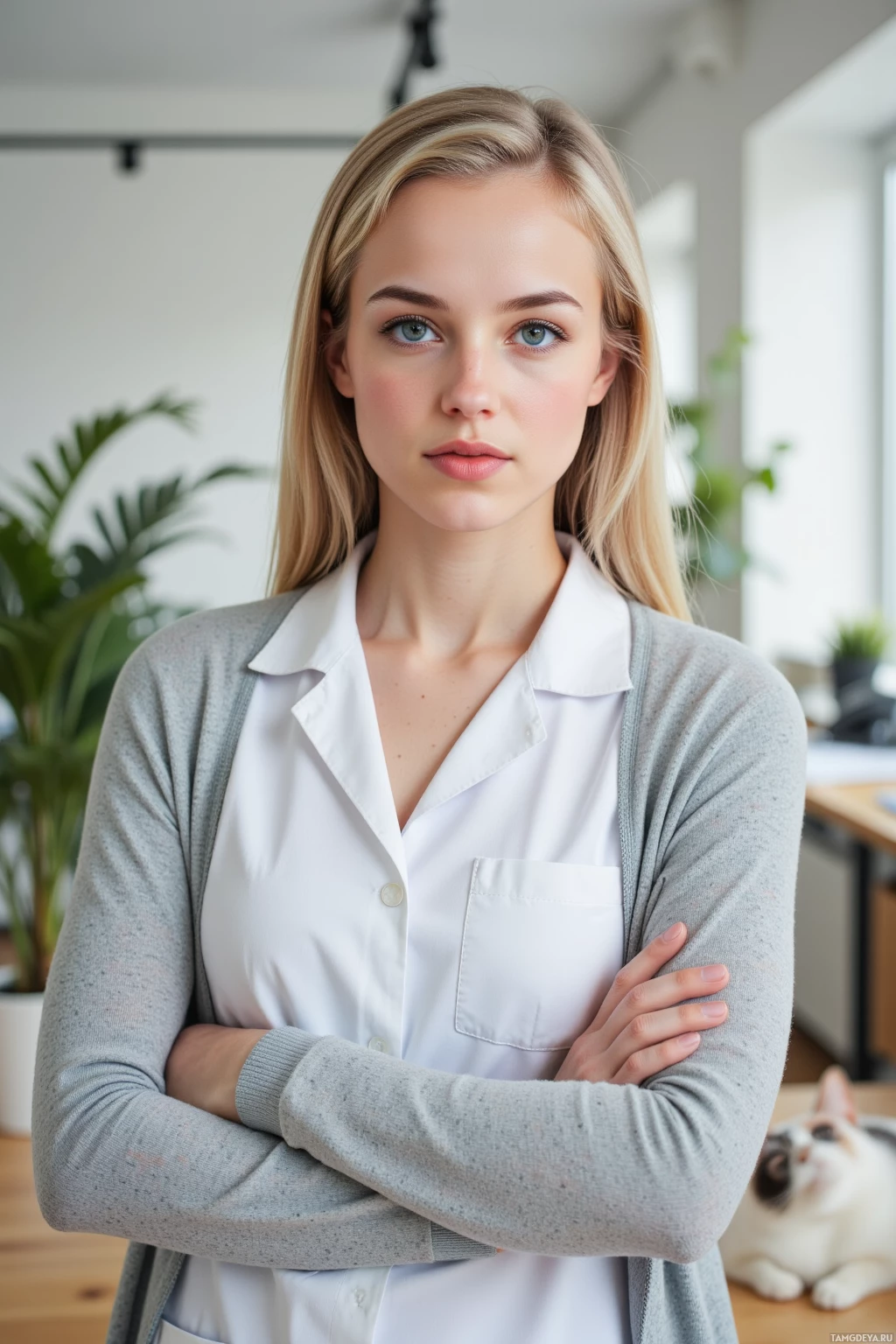 Realistic high quality photo. 26‑year‑old woman with long blonde hair in a soft bun, bright blue eyes, wearing a neat white nurse uniform and light gray cardigan, standing in a modern office at midday with a phone on a desk, giving a supportive hug to a coworker, a cat lounging nearby, and a thriving fern in a pot.