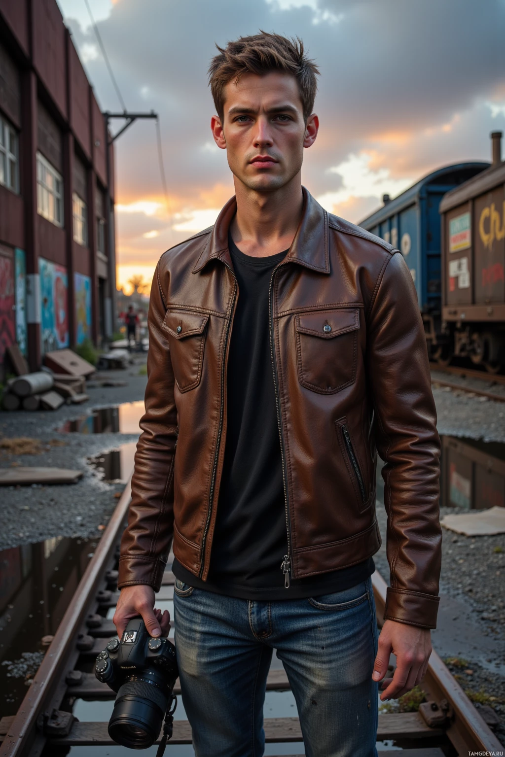 Realistic high quality photo. Male, 32, short light brown hair, brown eyes, wearing a worn leather jacket and faded jeans, standing in an abandoned freight yard after rain with rusted rails covered in graffiti, evening light reflecting on puddles, silhouettes of workers in the background, holding a camera and capturing raw shots.
