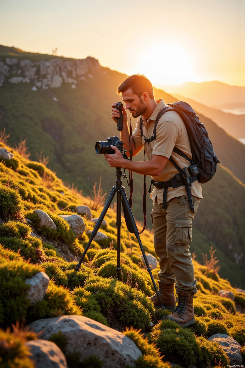 Realistic high quality photo. Man, 33, short light brown hair, green eyes, beige shirt, khaki cargo pants, hiking boots, standing on an east‑facing mossy slope setting a tripod with a DSLR in manual focus, whispering to the moss as the sun slips behind a ridge during the soft amber golden hour.