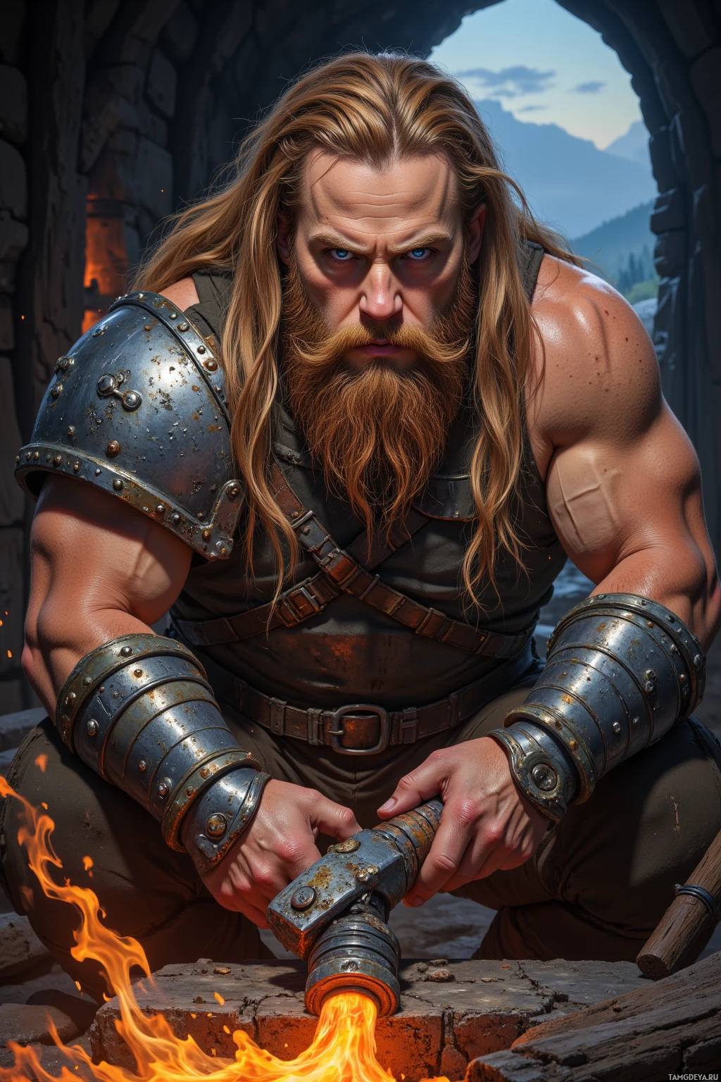 Realistic high quality photo. A stout man with long blonde hair, thick beard, bright blue eyes and pale skin, wearing worn heavy armor over a simple tunic and a sturdy miner's helmet, hammers steel in a roaring forge hall, chiseling a haft with ancestral patterns, while a mine shaft entrance looms outside under dusk lighting.