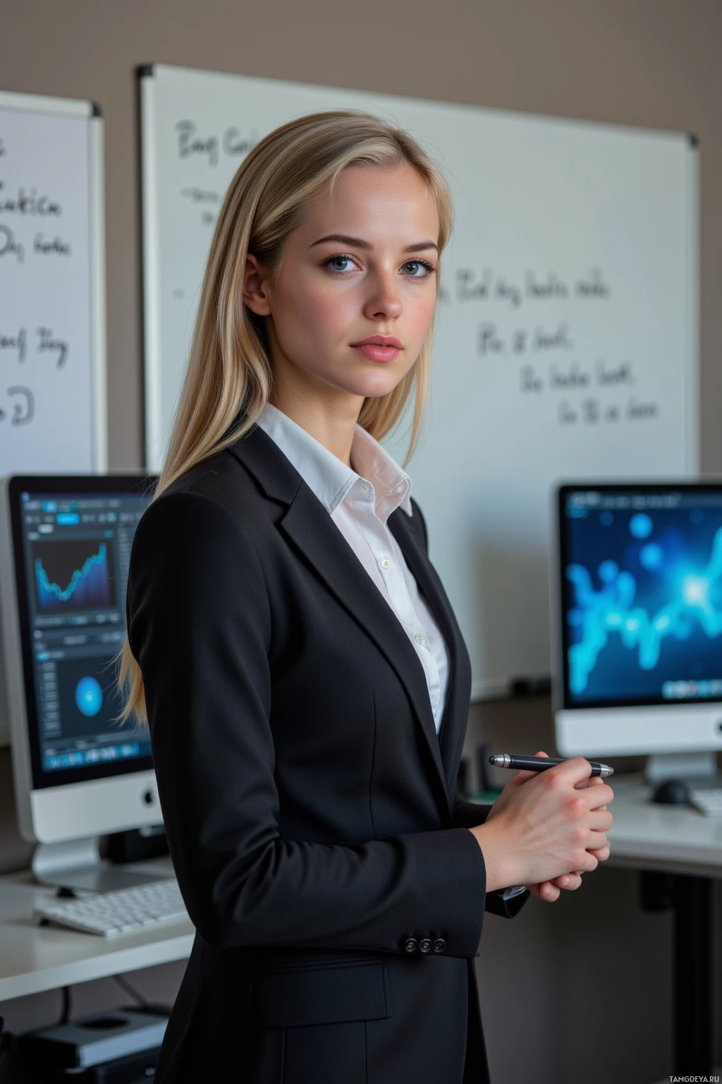 Realistic high quality photo. Female, 35, tall woman with sleek blonde bob, piercing blue eyes, fair skin, wearing a tailored black suit, standing in a modern office at early afternoon, surrounded by monitors displaying a cluttered data dashboard and quantum matrix, a whiteboard behind her covered with equations, she holds a pen, posture confident, expression pragmatic and sharp.