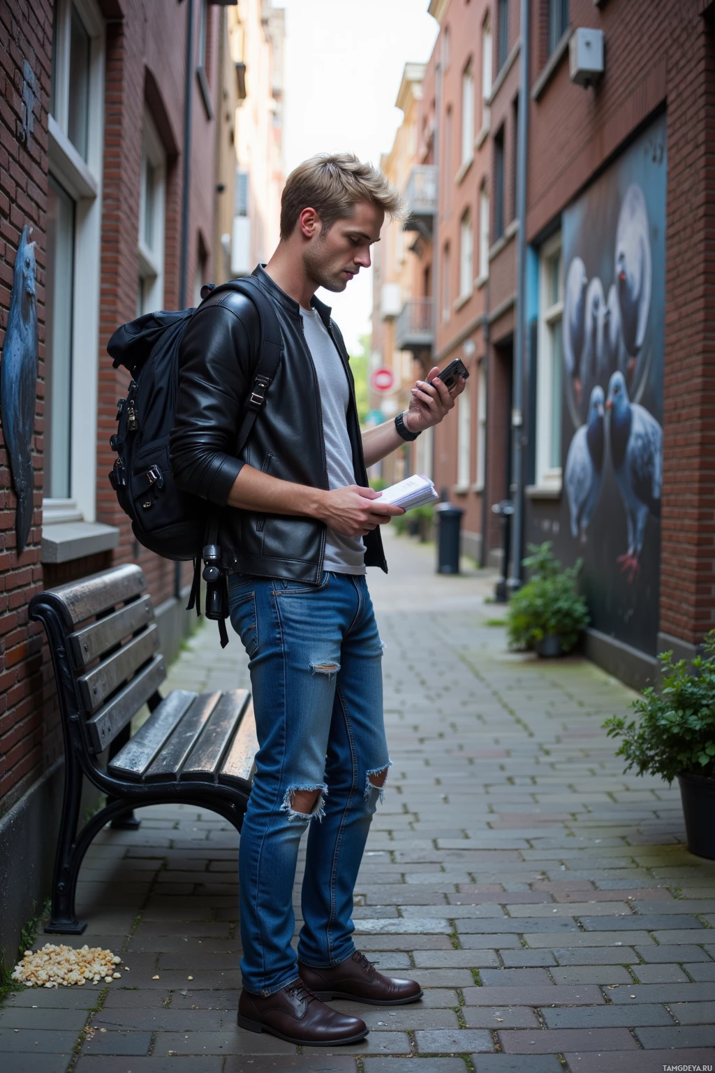 Realistic high quality photo. Man, 34, short blonde hair, blue eyes, fair skin, fitted t‑shirt, denim jeans, black leather jacket, backpack with camera gear, standing in a narrow back alley with brick walls, examining an urban mural of pigeons shaking hands, holding a smartphone, notebook in hand, a bench beside a river that looks like a time capsule, a handful of popcorn kernels on the pavement, late afternoon light filtering through gaps in the buildings, atmosphere quiet yet curious.