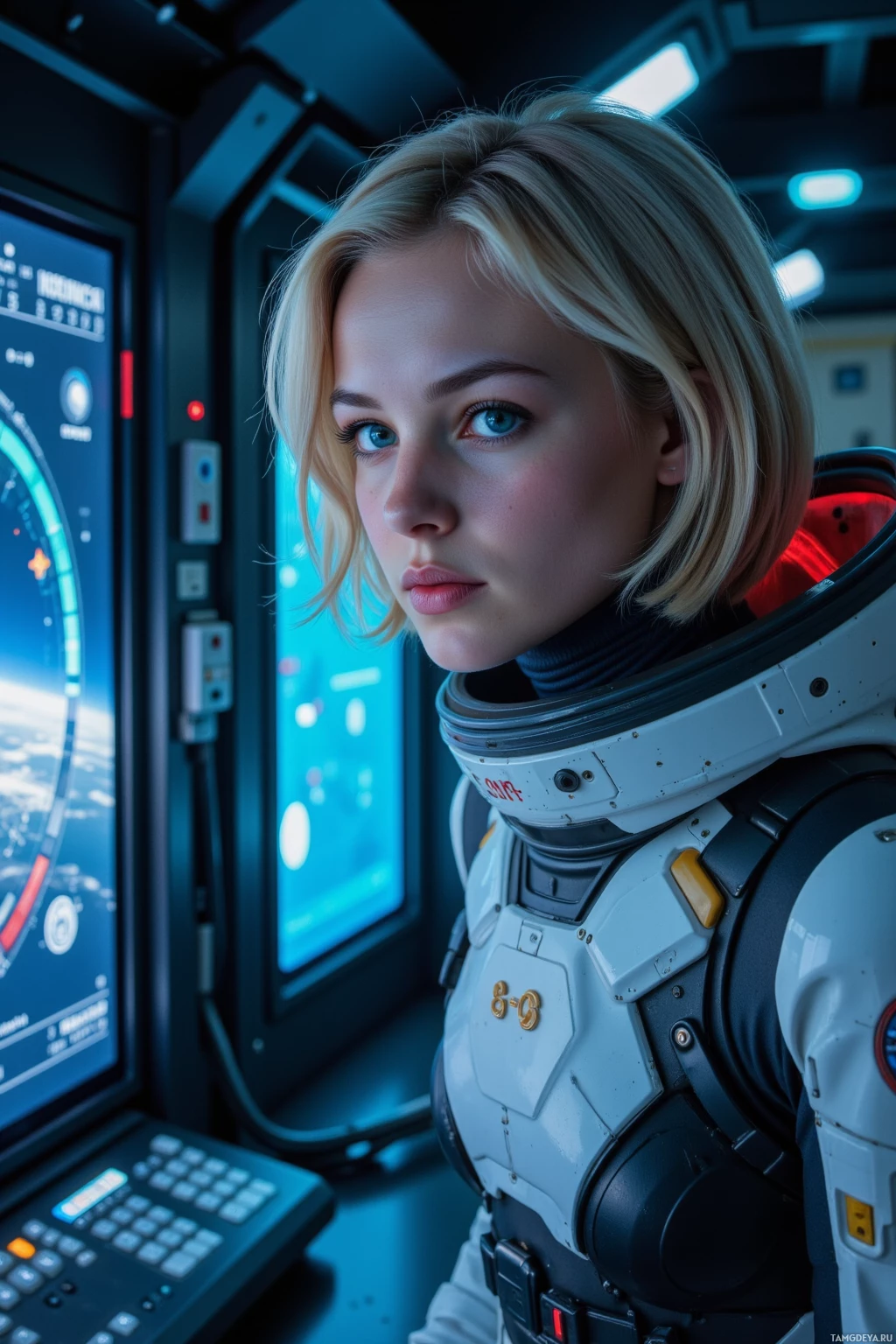 Realistic high quality photo. Female aerospace engineer, 30, short blonde hair, blue eyes, pale skin, in a sleek futuristic space suit, intensely focused late at night in a dim high‑tech laboratory with glowing server racks and holographic orbital‑insertion equations on a console, viewport revealing a distant planet outside, surrounded by soft blue ambient lighting and the hum of machinery.